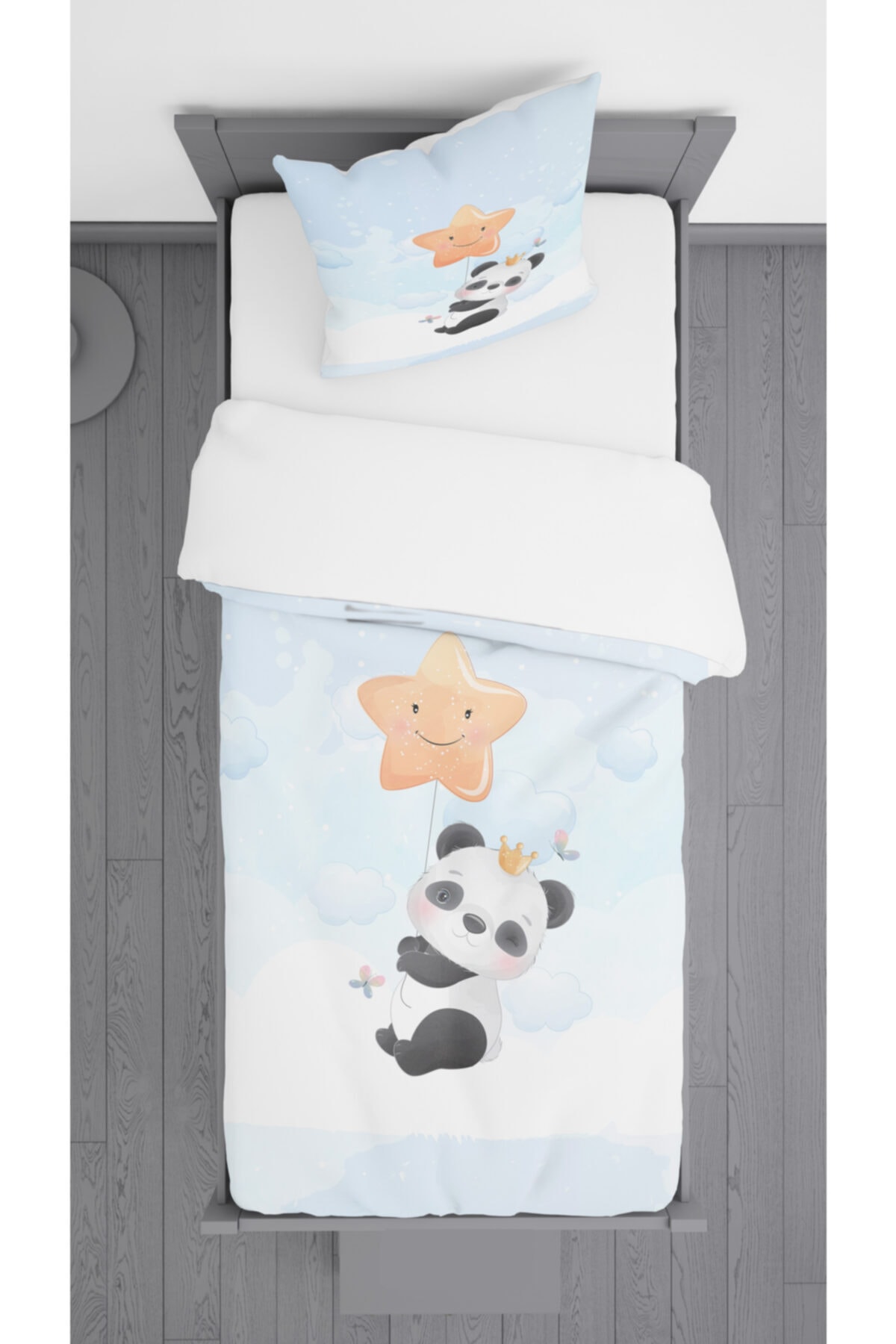 Ziu Kids Uçan Yıldızlı Panda Desenli Süet Dokulu Dekoratif Yatak Örtüsü Ve Yastık Kılıfı 140x220