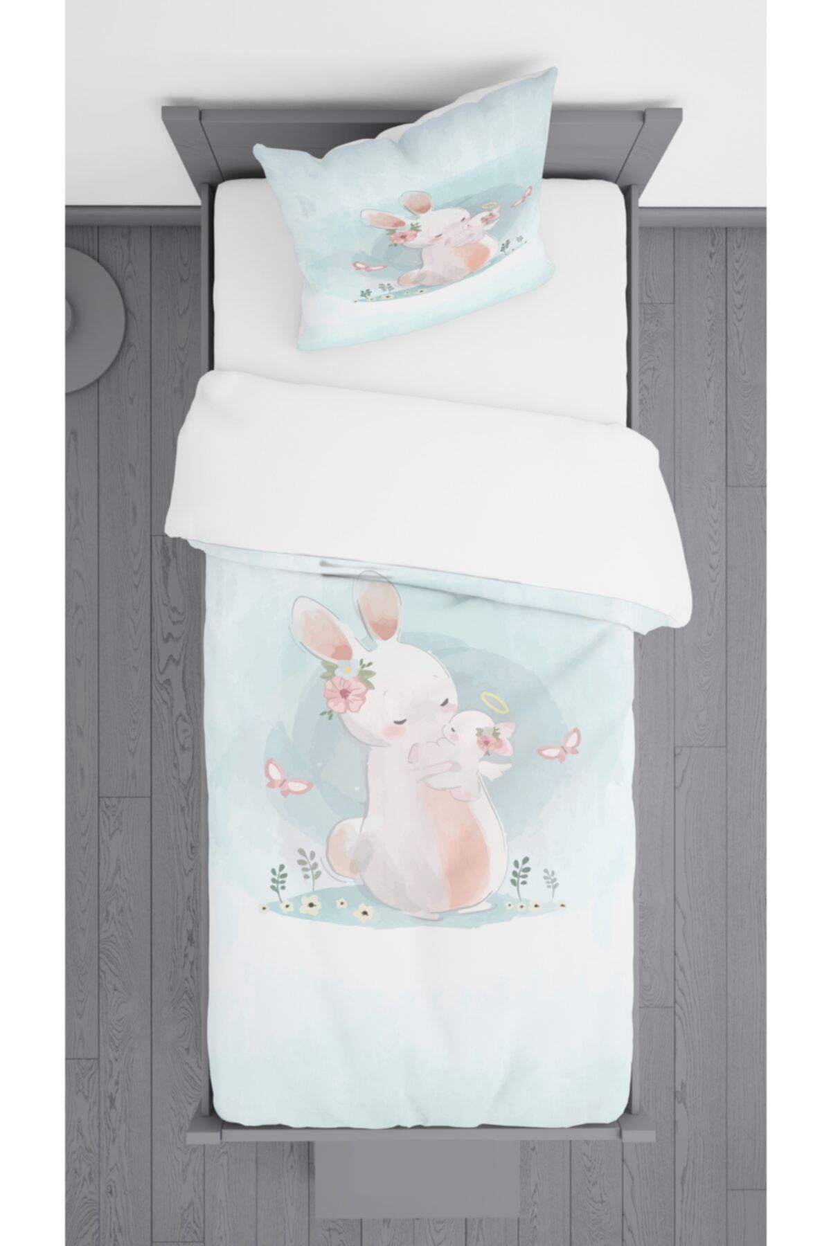 Ziu Kids Mavi Zemin Tavşan Desenli Süet Dokulu Dekoratif Yatak Örtüsü Ve Yastık Kılıfı 140x220