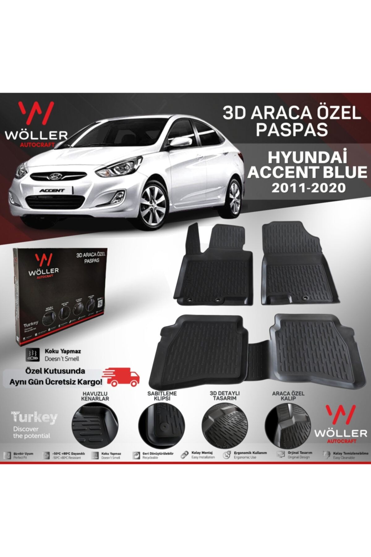 wöller Hyundai Accent Blue Uyumlu Paspas 2011 Sonrası 3d Havuzlu Paspas