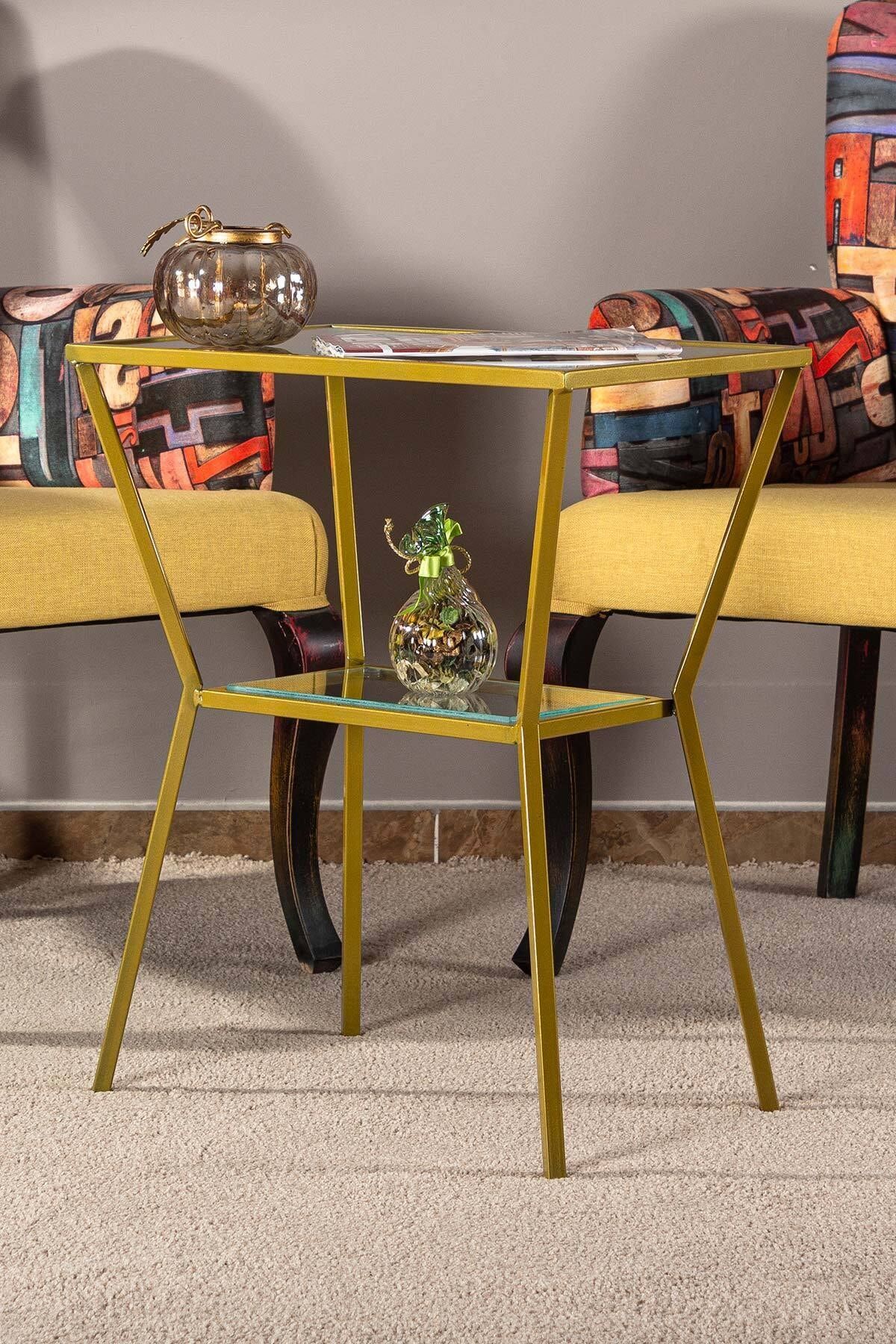 tino furniture Castella Gold Metal Cam Raflı Modern Yan Sehpa Komodin