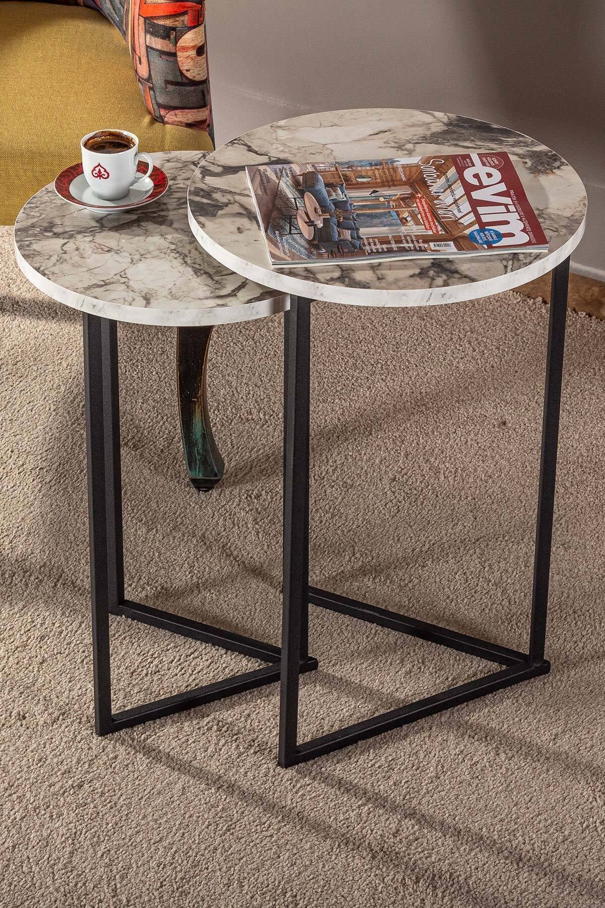 tino furniture Marte 2'li Siyah Metal Yuvarlak Yan Sehpa Beyaz Mermer
