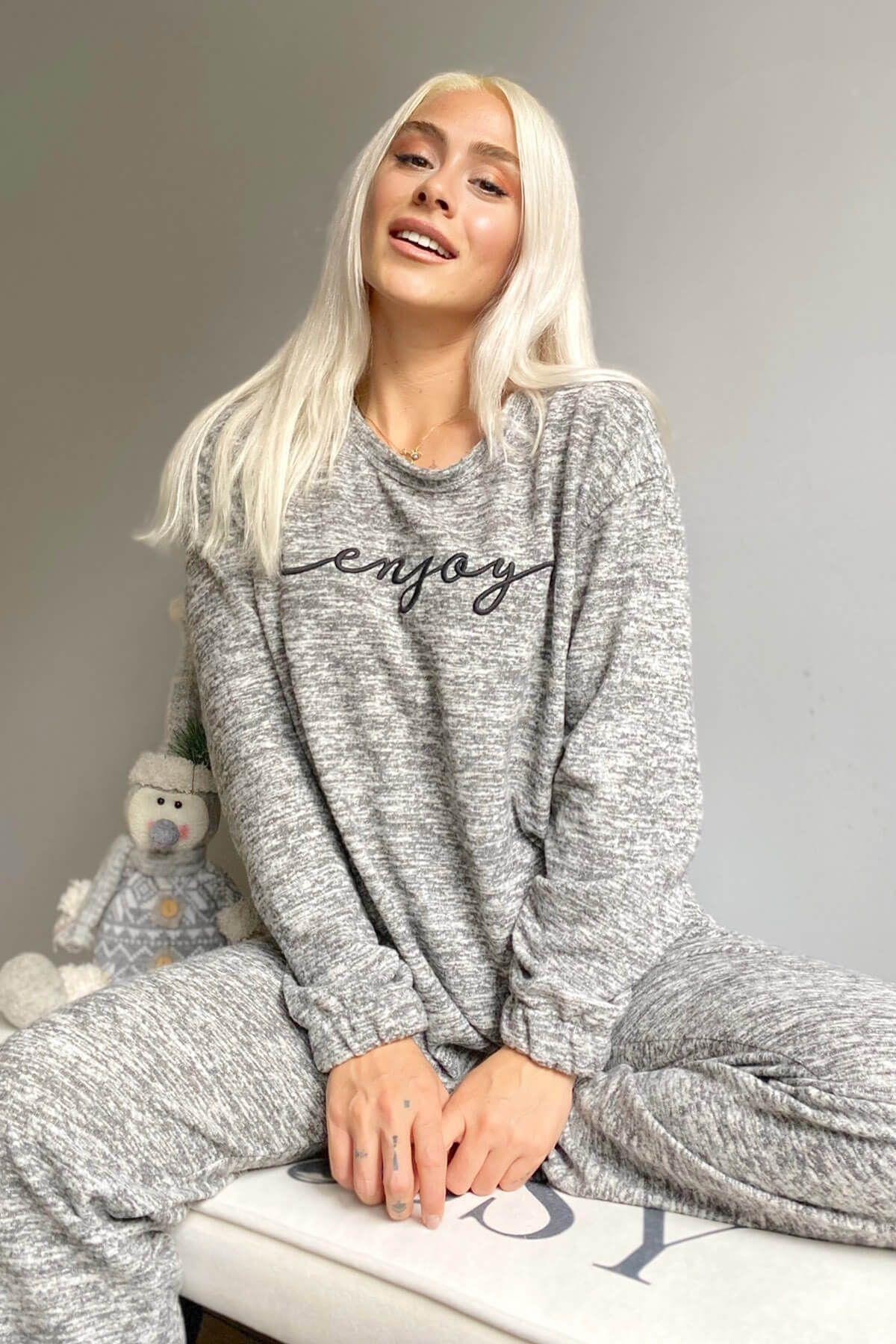 Pijamaevi Gri Enjoy Baskılı Örme Uzun Kol Kadın Pijama Takımı