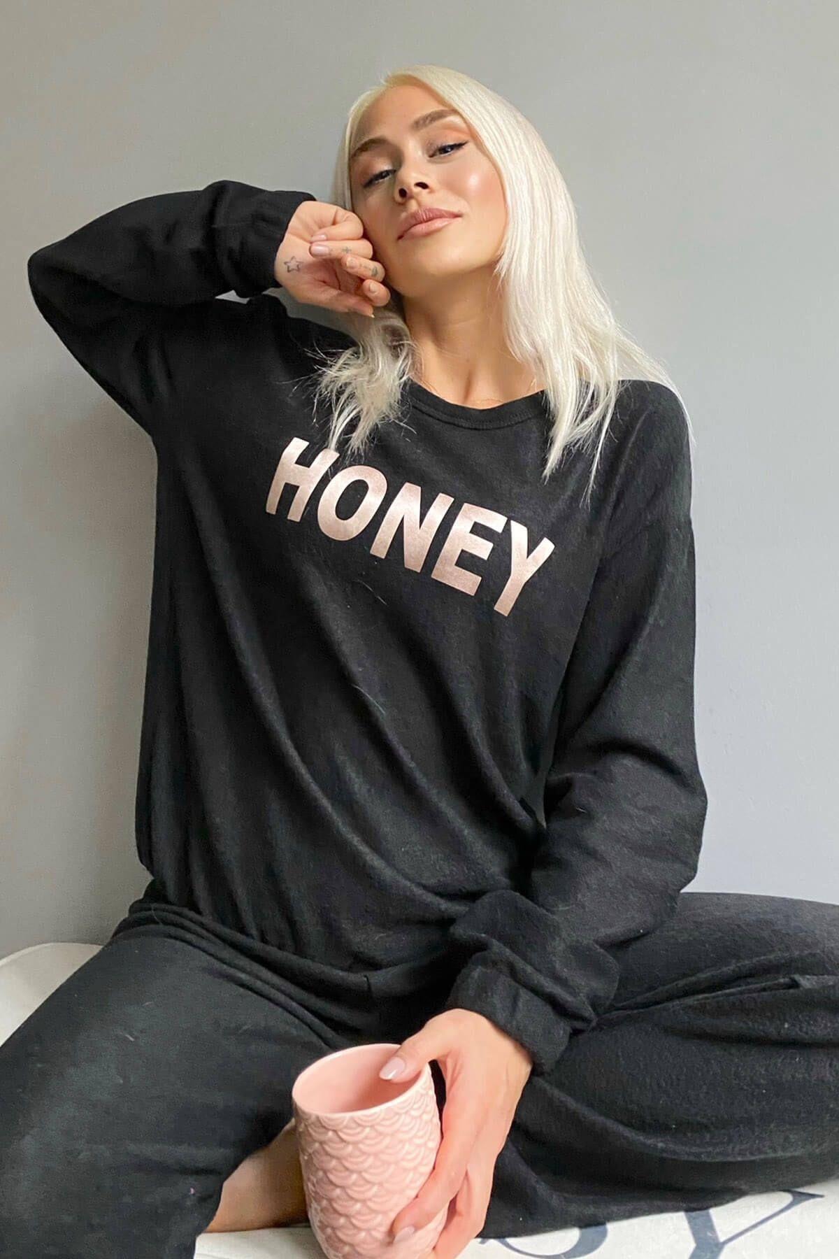 Pijamaevi Honey Baskılı Örme Uzun Kol Kadın Pijama Takımı