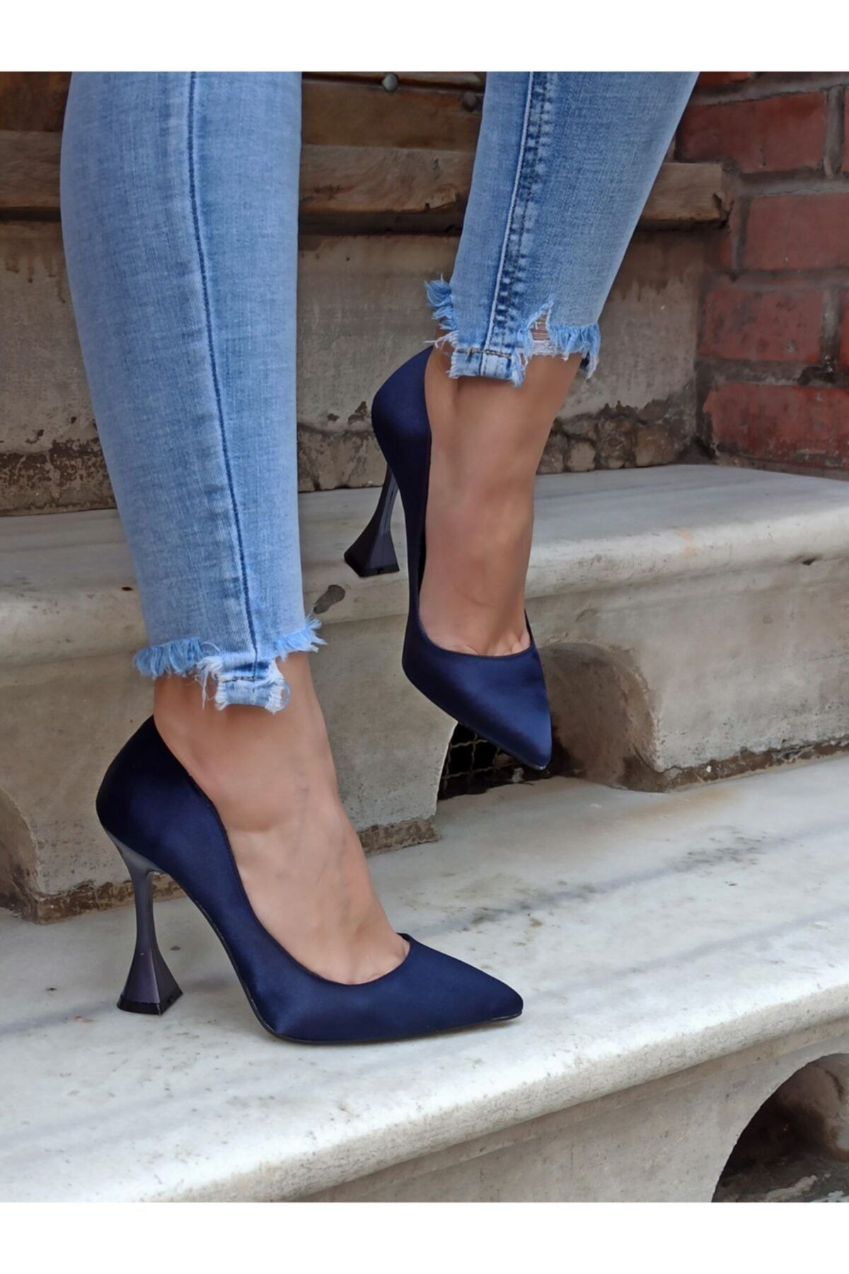 DS AYAKKABI Lacivert Saten Şampanya Topuk Stiletto
