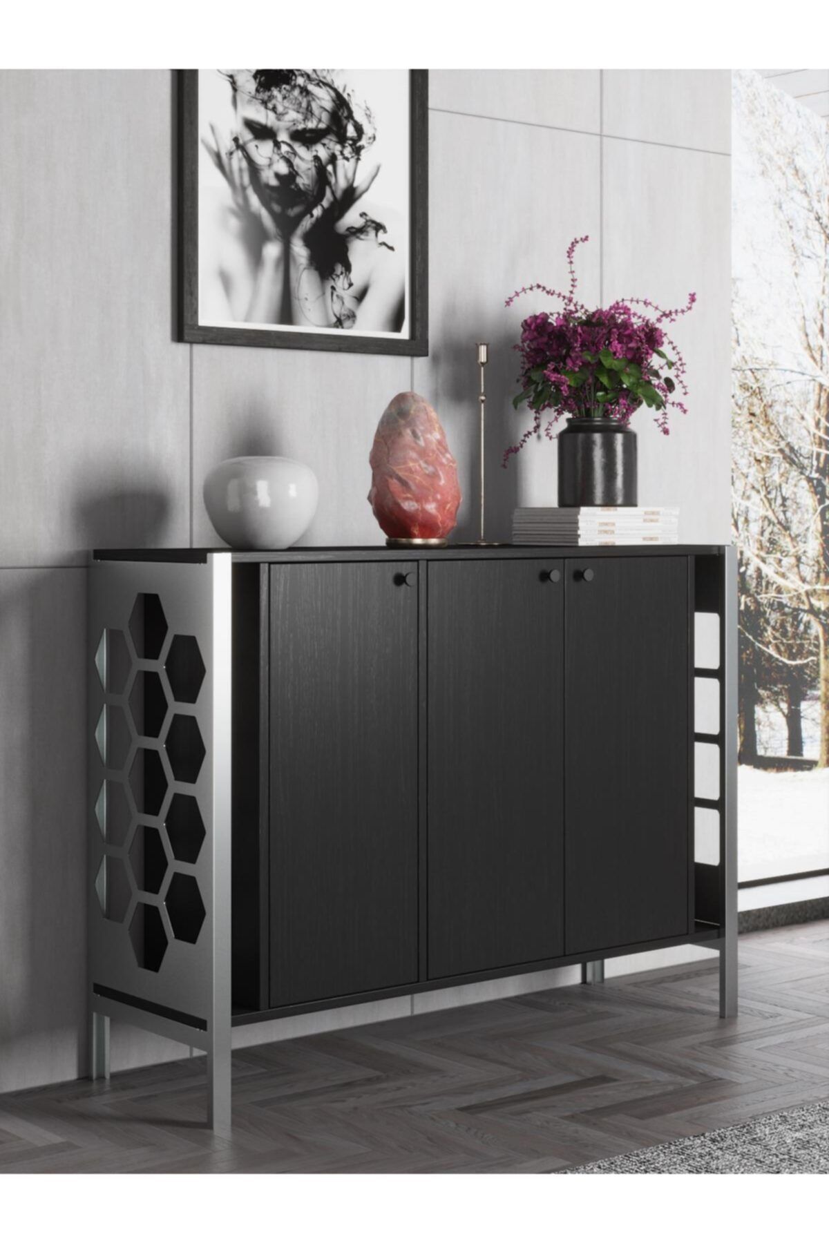 Wood'n Love Loft Premium Gümüş Altıgen Desen Ferforje Metal Ayaklı Konsol - Wood Siyah / Gümüş