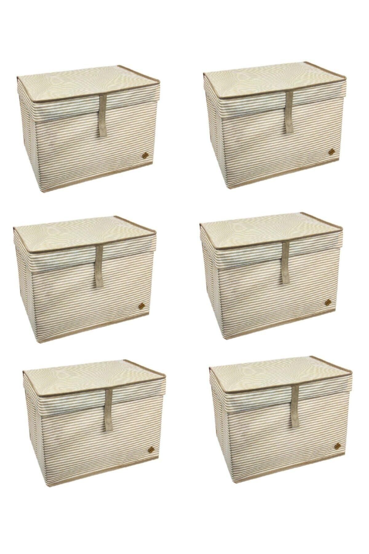 Modaxstore Çok Amaçlı Su Geçirmez Kumaş Kapaklı Bej Düzenleyici Hurç & Kutu 6'lı Set (50x40x30cm)