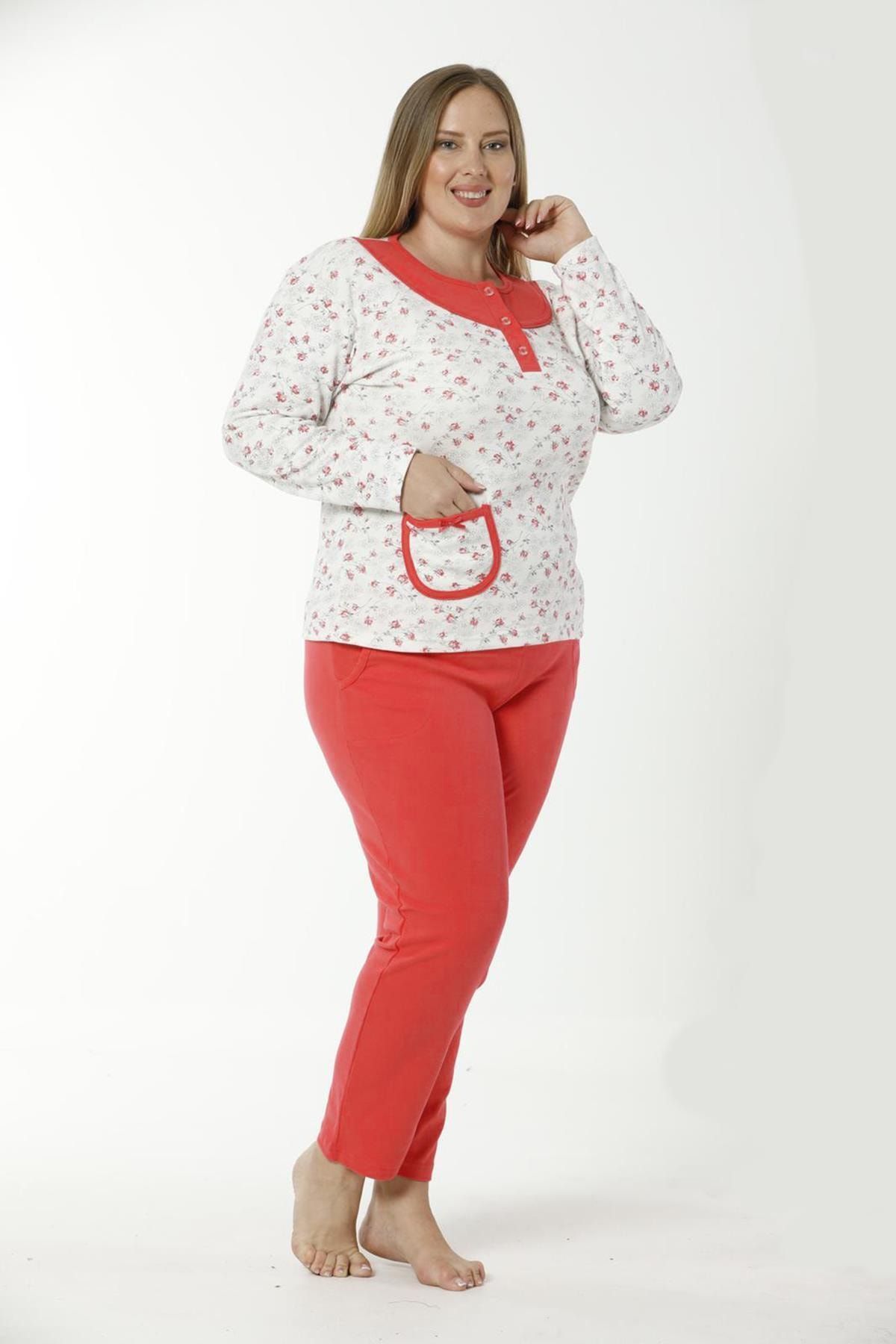 Akasya Kadın Battal Beden Uzun Kollu Ve Cepli Düğmeli Kışlık Pijama Takımı 1404
