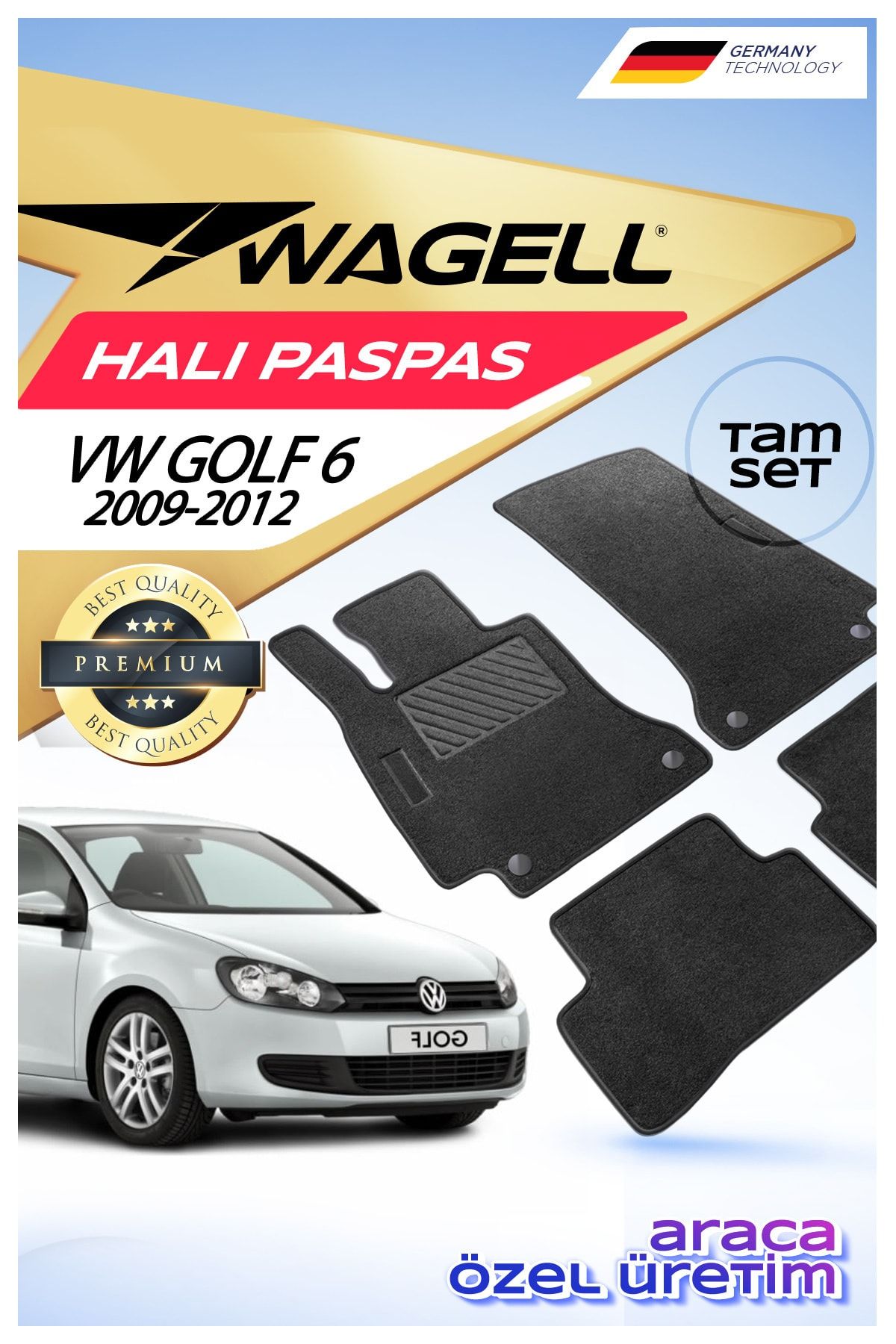 wagell Volkswagen Golf 6 2009-2012 Premium Oto Halı Paspas Seti - Siyah