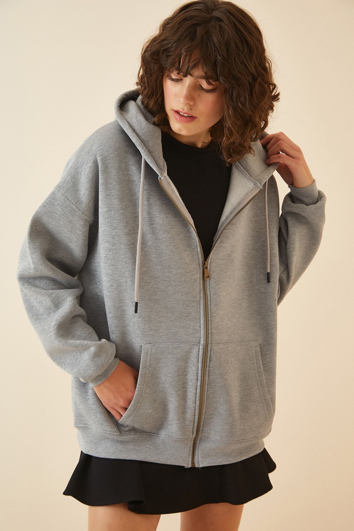 Happiness İst. Kadın Gri Melanj Kapüşonlu Fermuarlı Şardonlu Oversize Sweatshirt  US00714