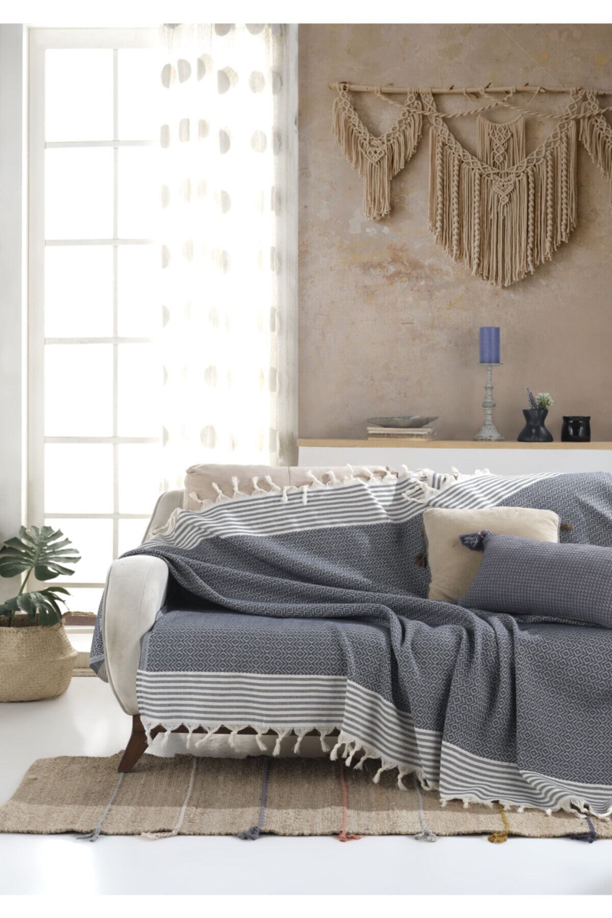 Lux Touch Bergama Indigo Buldan Koltuk Örtüsü 170 X 210 Cm Koltuk Şalı Kanepe Çekyat Örtüsü Pamuklu Throw