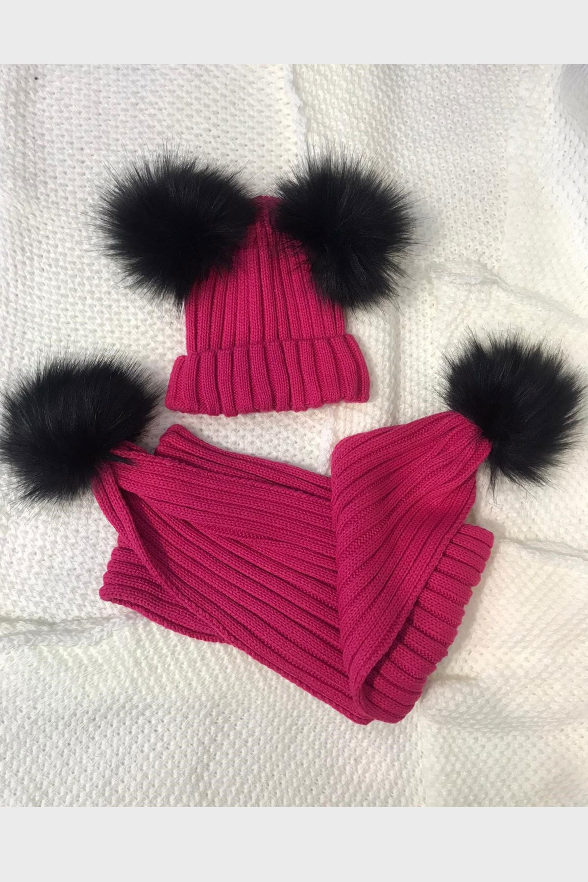 Vemod 4 Ponponlu Unisex 2’li Çocuk Bere Takımı - Fuşya