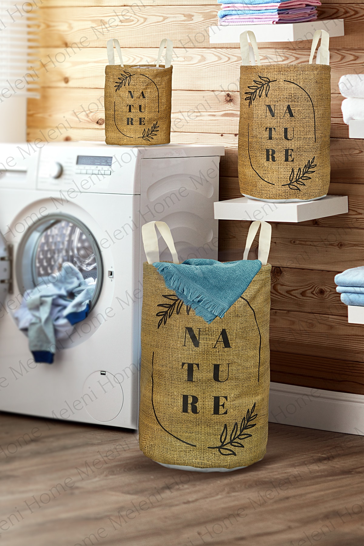 Meleni Home 3'lü Set Baskılı Çamaşır Sepeti  Banyo Düzenleyici Organizer