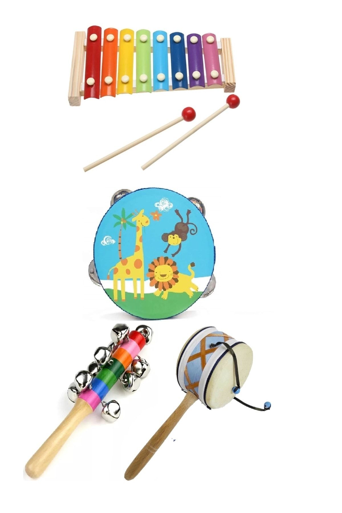 AyasEğiticiOyuncak Bebek 4'lü Müzik Seti Klisefon-ahşap Zilli Tef - El Davulu Deri - Zilli Marakas Müzik Aletleri