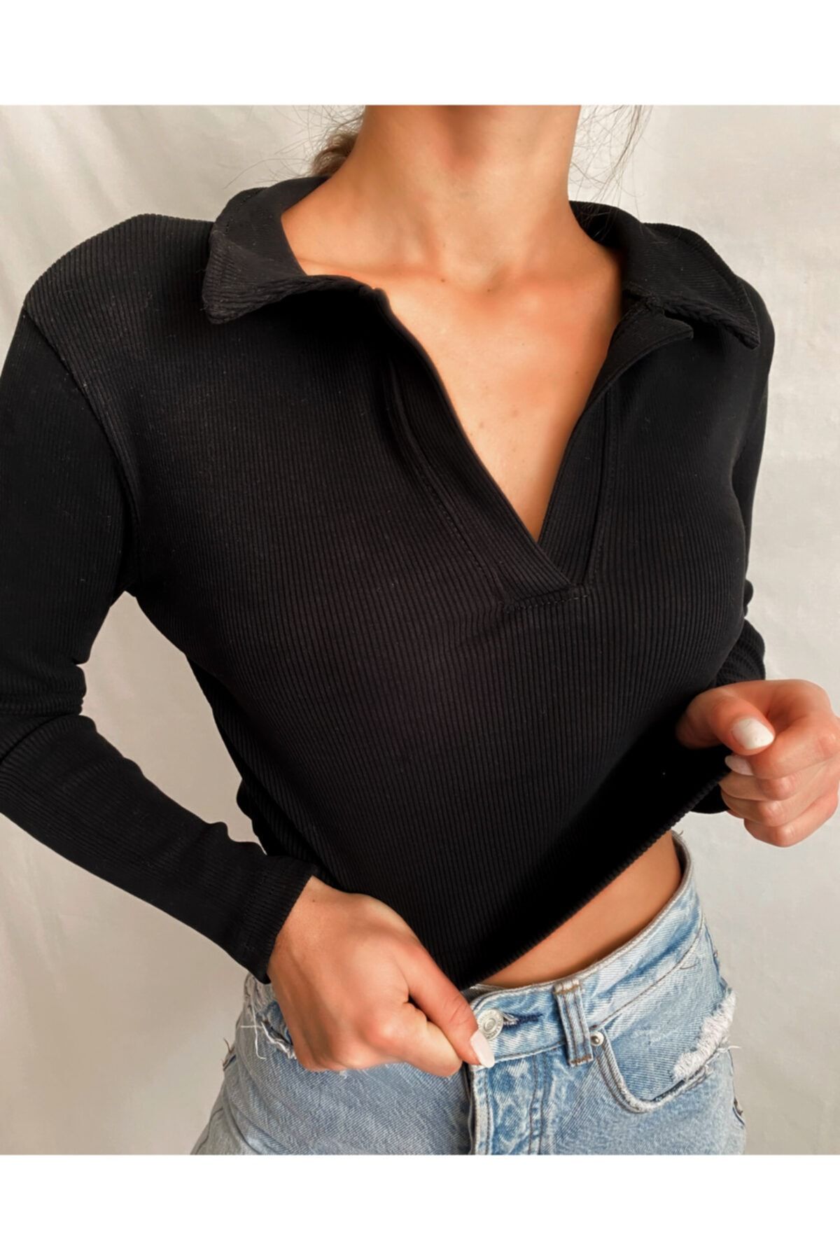BUTICKT Polo Yaka Siyah Crop Body