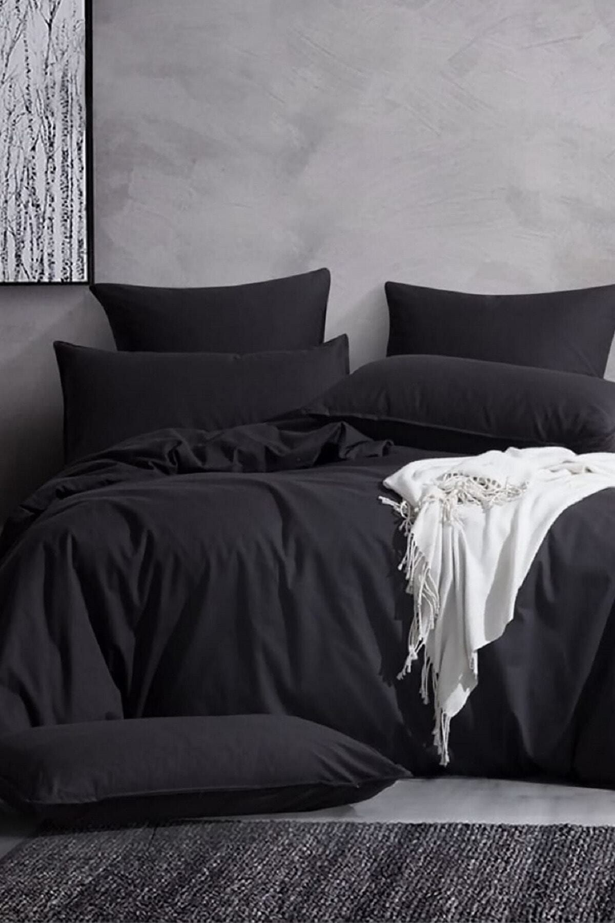 Soft Colours Siyah Düz Dekoratif Natural Pamuk Tek Kişilik Nevresim Seti
