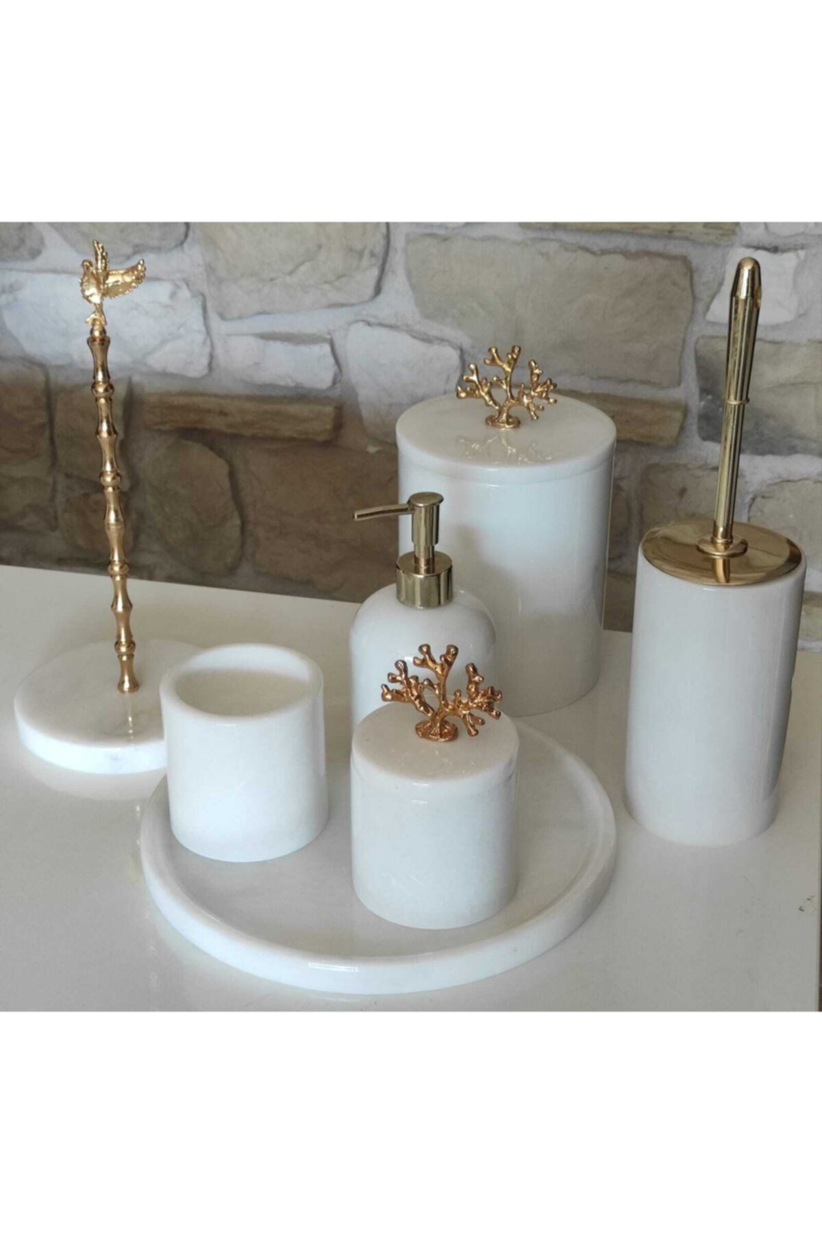 Polen Stone Afyon Beyaz 7'li Banyo Seti Gold Aksesuarlı