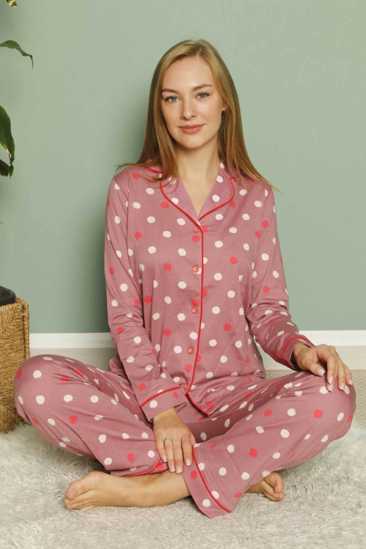 Farya Home Dreamy Puantiyeli Biyeli Pamuklu Gömlek Pijama Takımı
