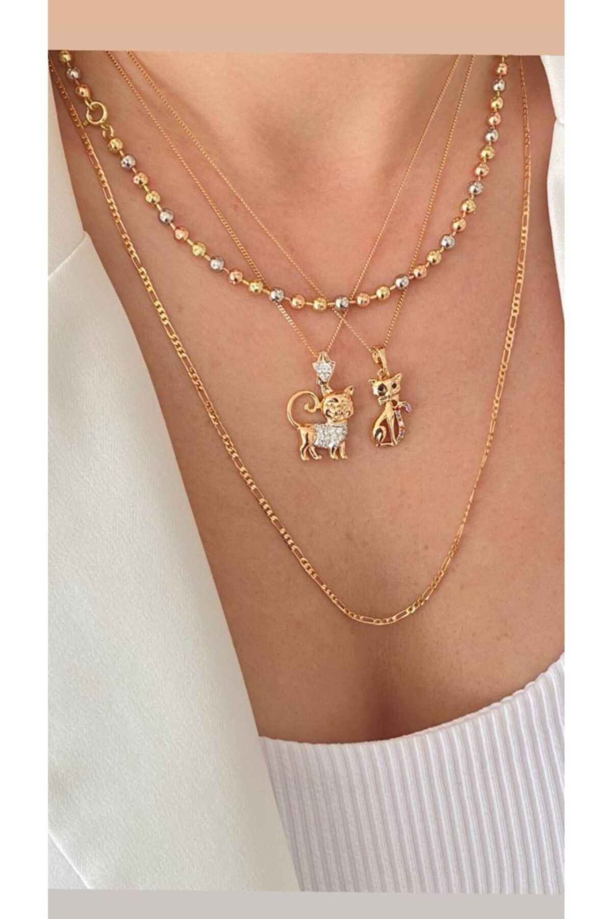 Esmeray Aksesuar Vip Çelik Gold Renk Zirkon Taş Oturan Kedi Figürlü Antialerjik 40 Cm. Kolye