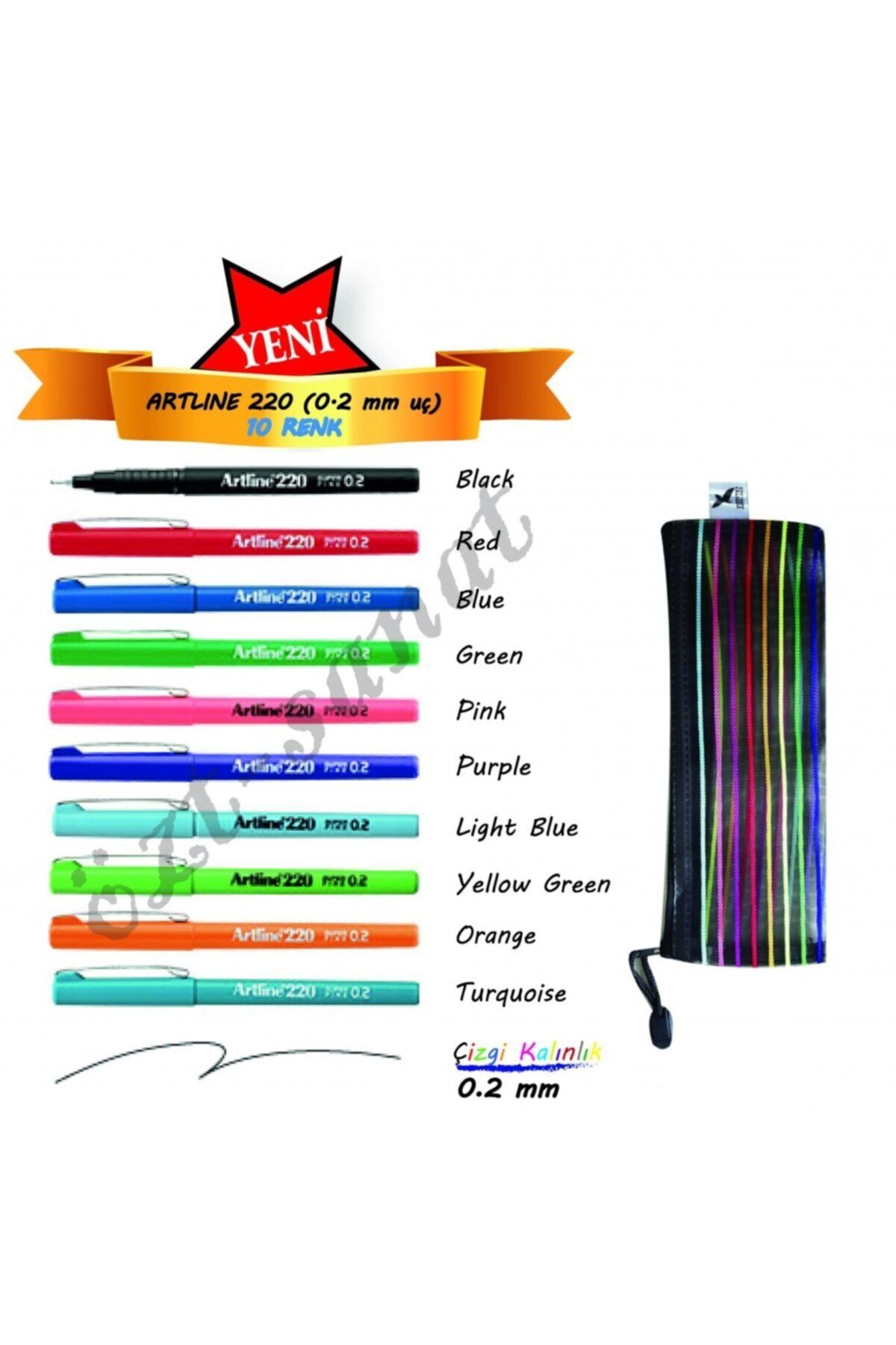artline 220 Super Fine 0.2mm Keçe Uçlu Kalem 10 Renk Set + File D