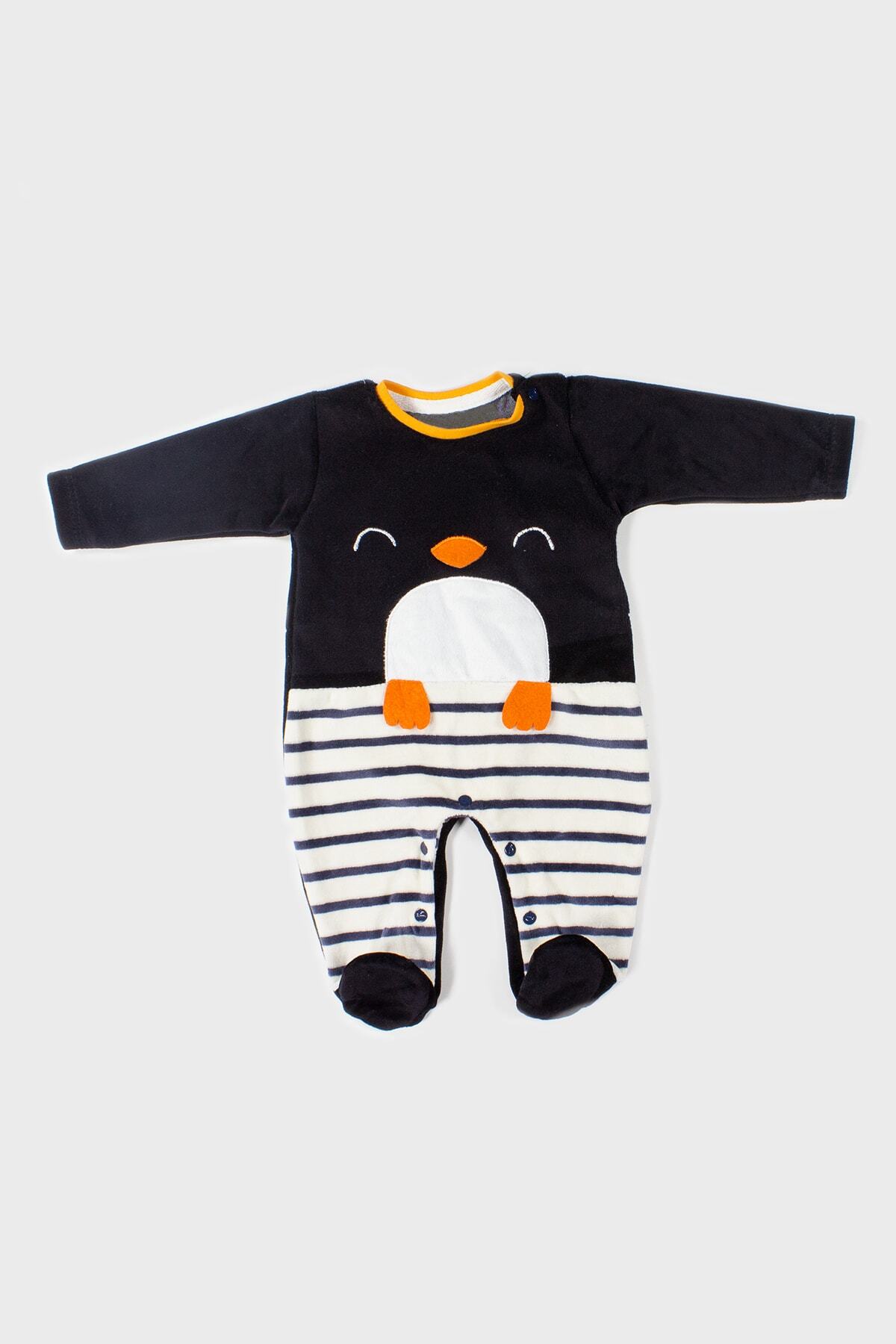 WOYKİDS Unisex Bebek Penguen Desenli Siyah Kadife Tulum Bbtf-70148