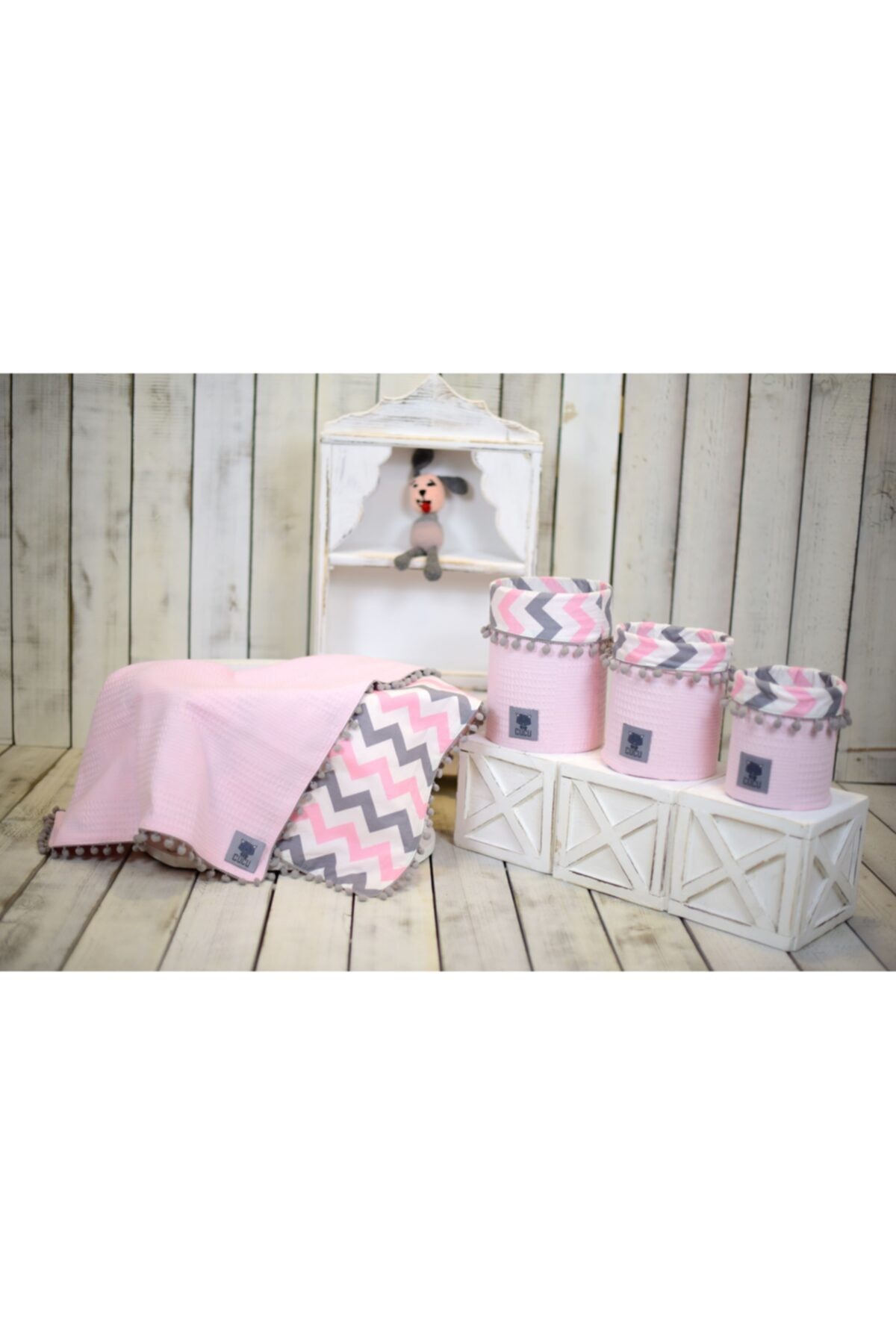 Cucu Private Design Kışlık Pike poplin Kumaş Battaniye Ve 3'lü Sepet Takımı
