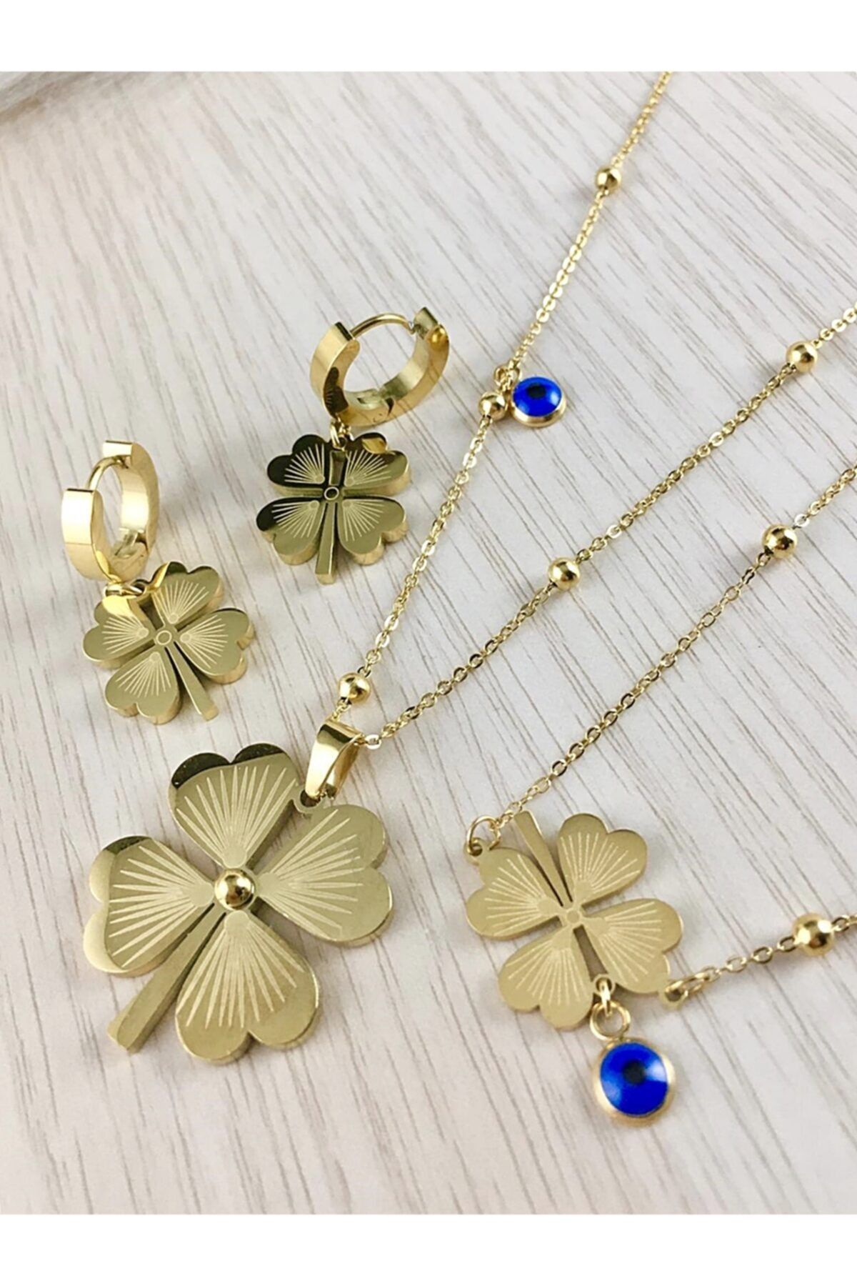 DS DİAMONDSHOP Kadın Çelik Kolye Küpe Ve Bileklik Nazar Boncuklu Set Byçkbset-30001