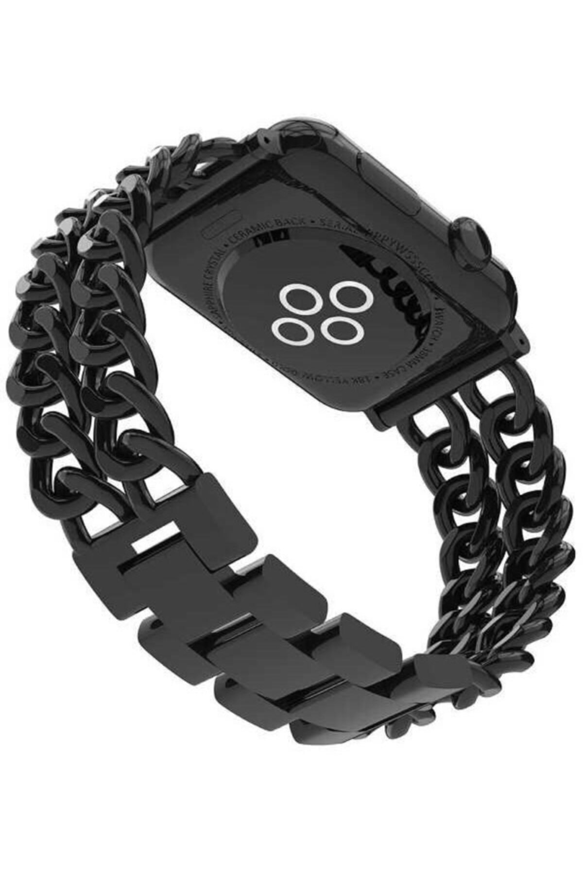 Apple Watch Series 7 42 44 45 Mm Zincir Halkalı Metal Kayış Kordon Siyah + Socket