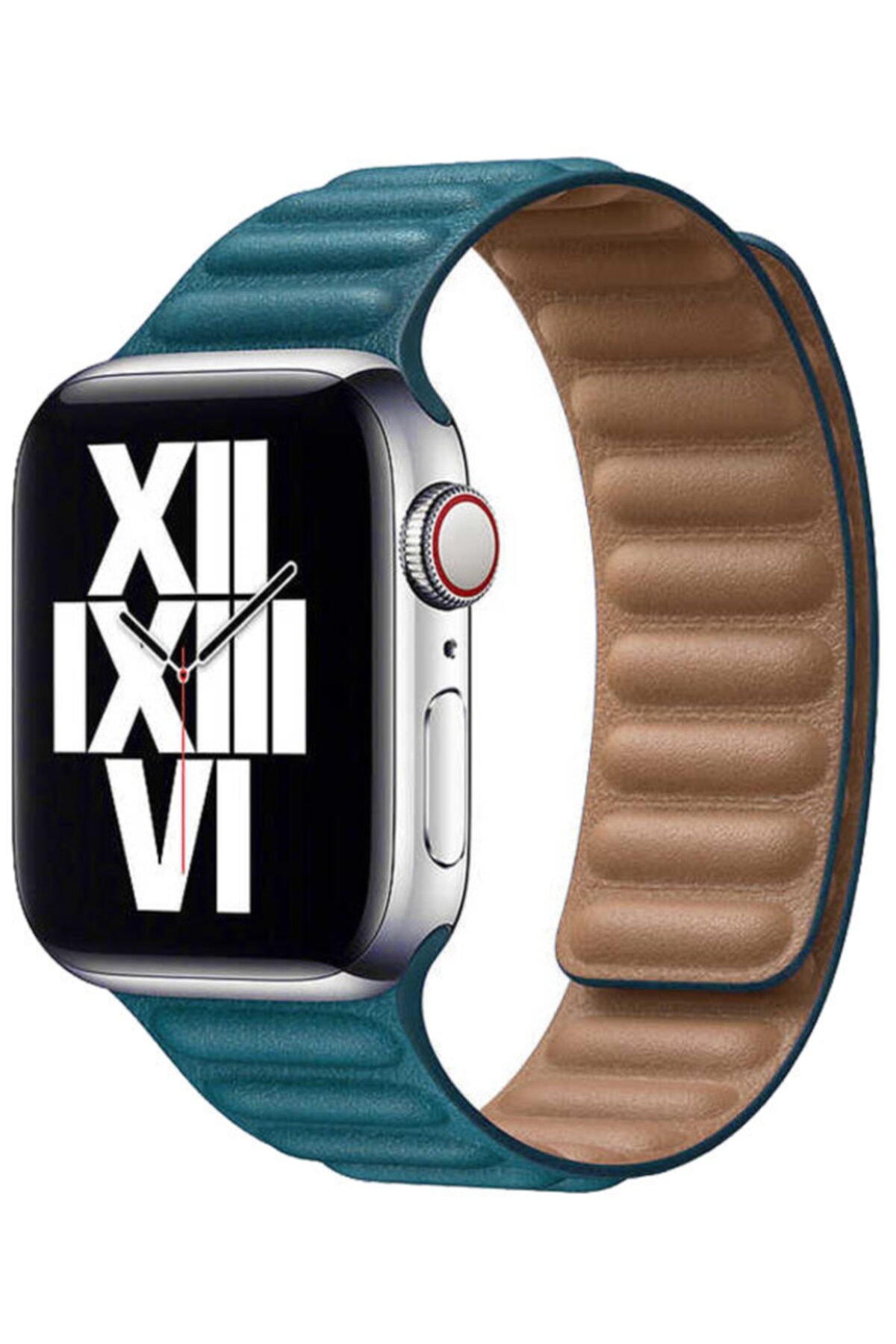 Apple Watch Series 7 42 44 45 Mm Suni Deri Mıknatıslı Kordon Petrol Mavisi Ve Socket