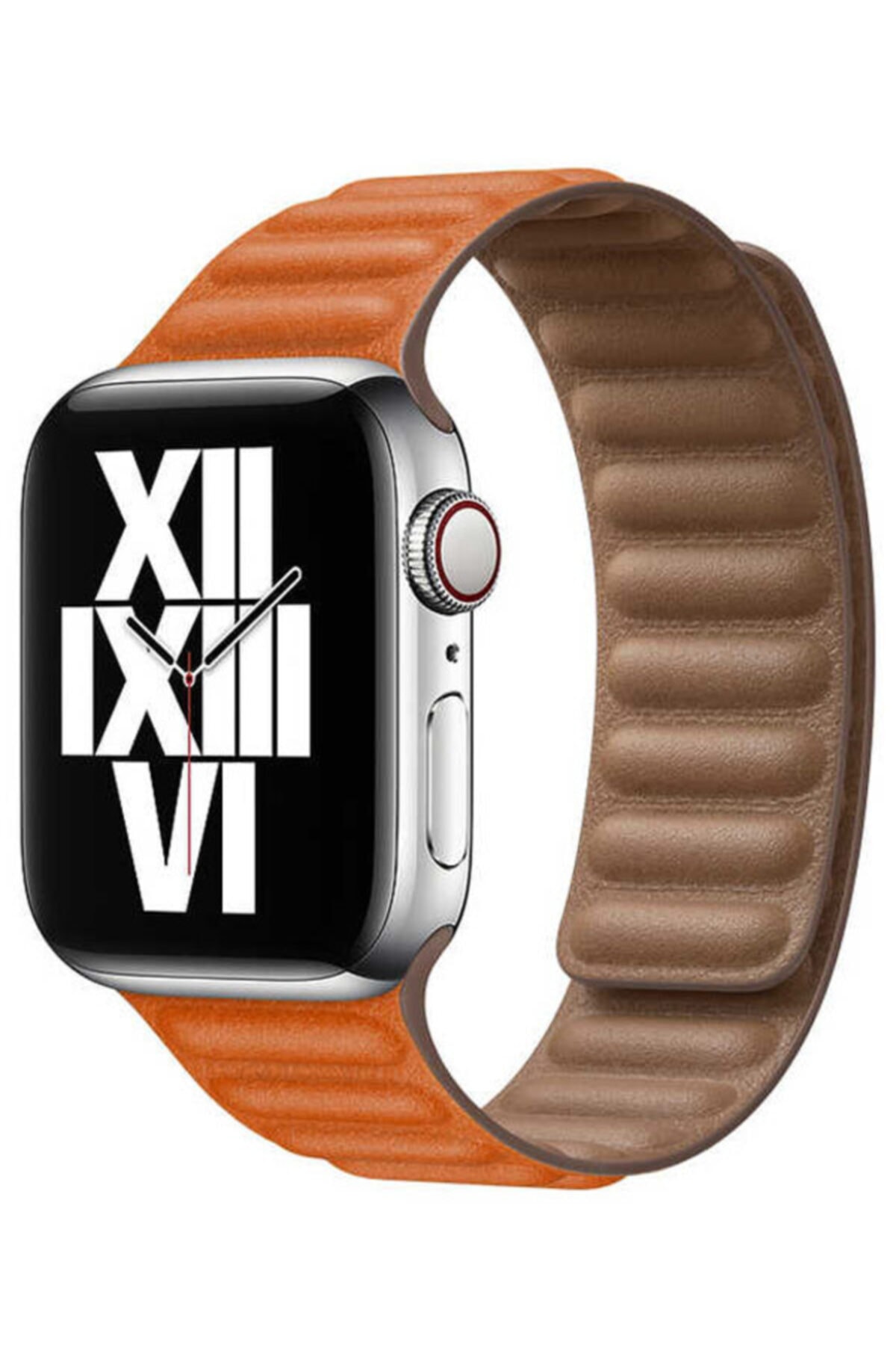 Apple Watch Series 7 38 40 41 Mm Suni Deri Mıknatıslı Kordon Koyu Turuncu Ve Socket