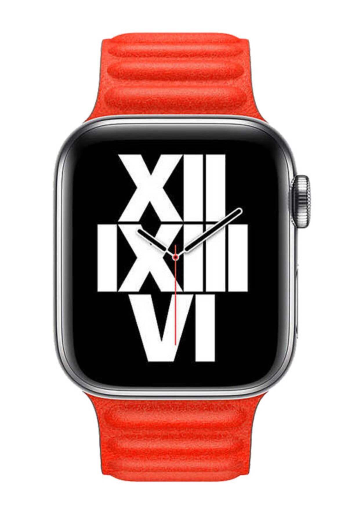 Apple Watch Series 7 42 44 45 Mm Suni Deri Mıknatıslı Kordon Koyu Kırmızı Ve Socket