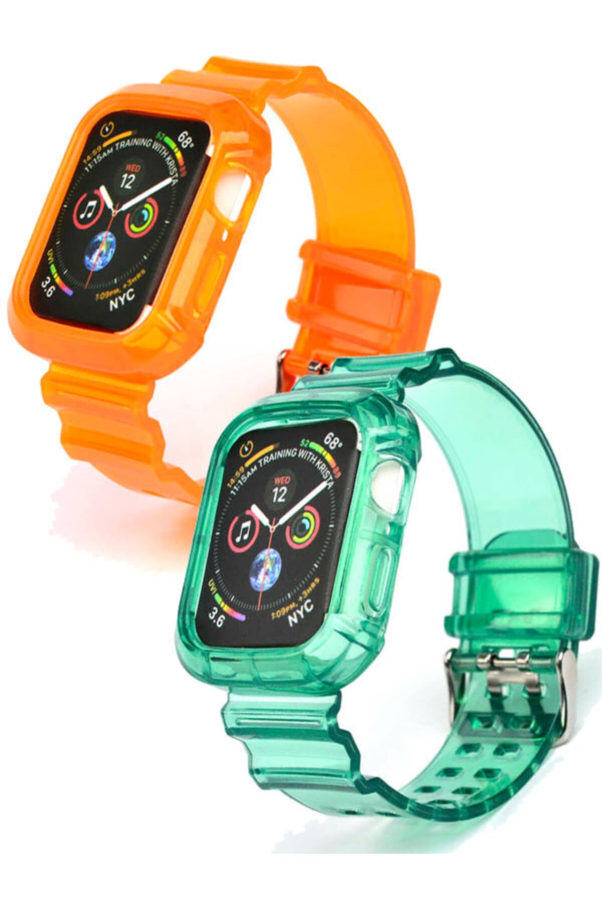 Apple Watch Series - Seri 7 45 Mm Şeffaf Spor Tasarım Kordon Yeşil Ve Turuncu Set