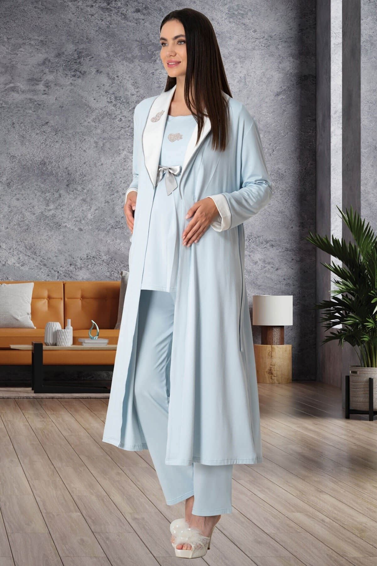 Mecit Pijama Mecit 5554 Mavi Sabahlıklı Lohusa Pijama Takımı