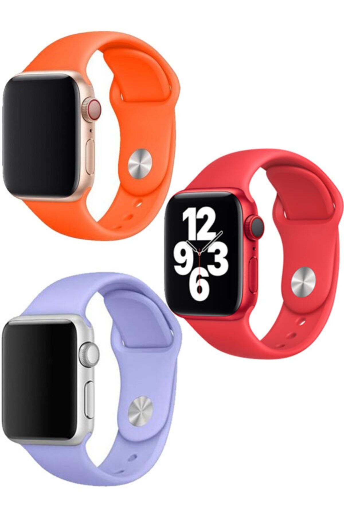 Apple Watch Series - Seri 7 41 Mm Klasik Spor Silikon Kordon Turuncu Lila Kırmızı Set