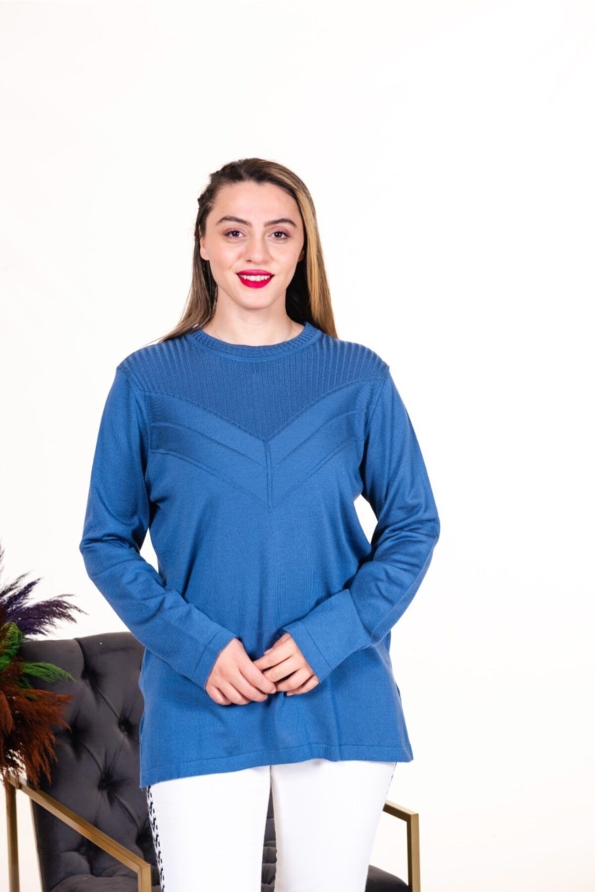Tütsü Triko Mavi Anne Triko Bluz Büyük Beden Triko Kazak