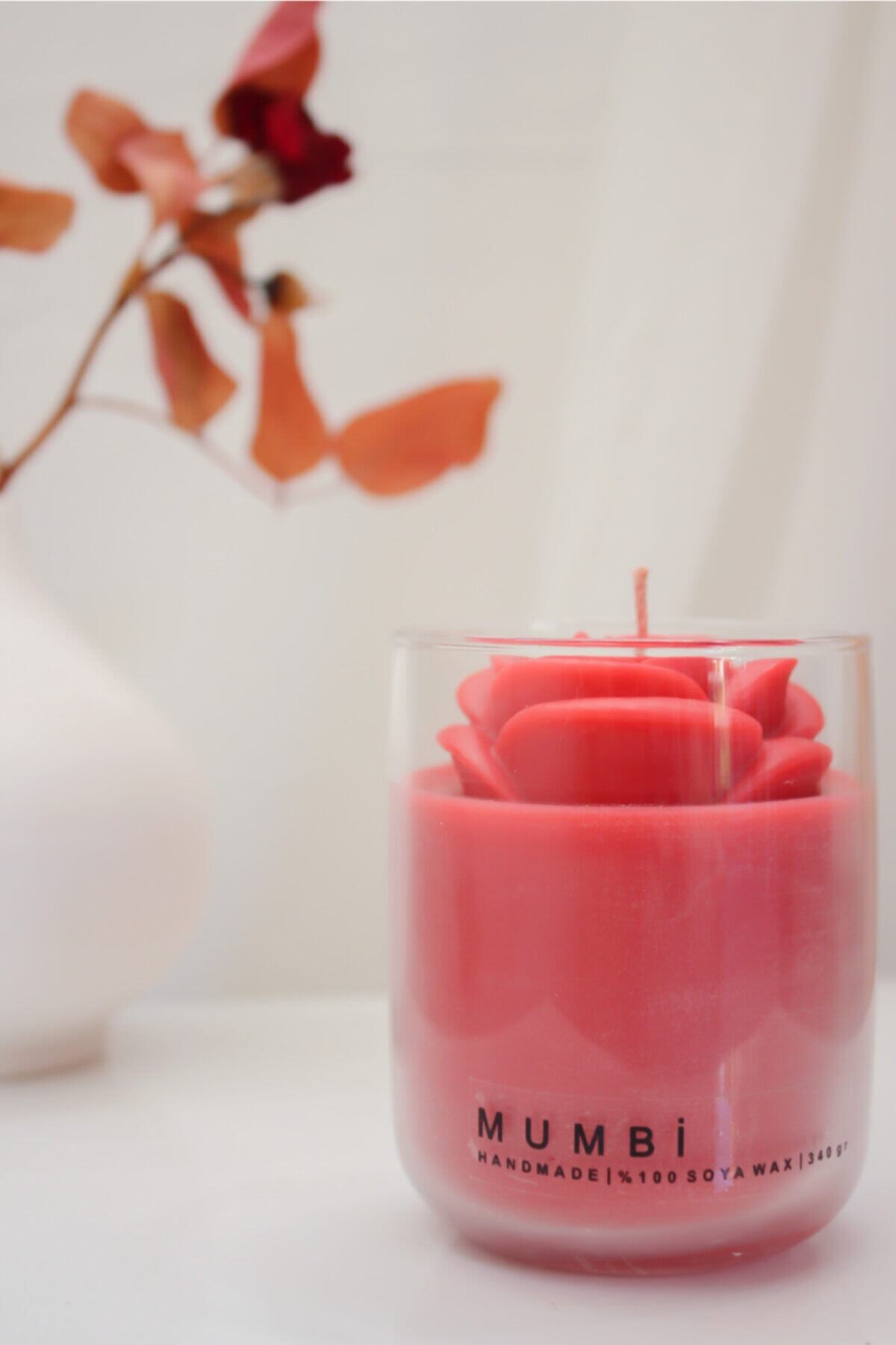 mumbi %100 Vegan Soya Wax Gül Detaylı Mum, El Yapımı (kokulu)