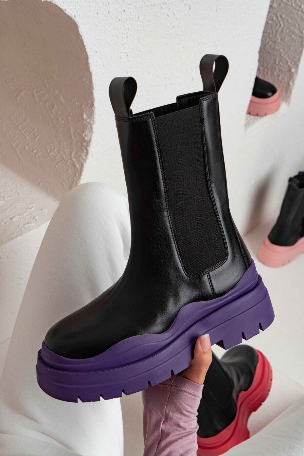 ELİT SHOES Siyah Mat Lastik Detay Mor Kalın Taban Kadın Bot