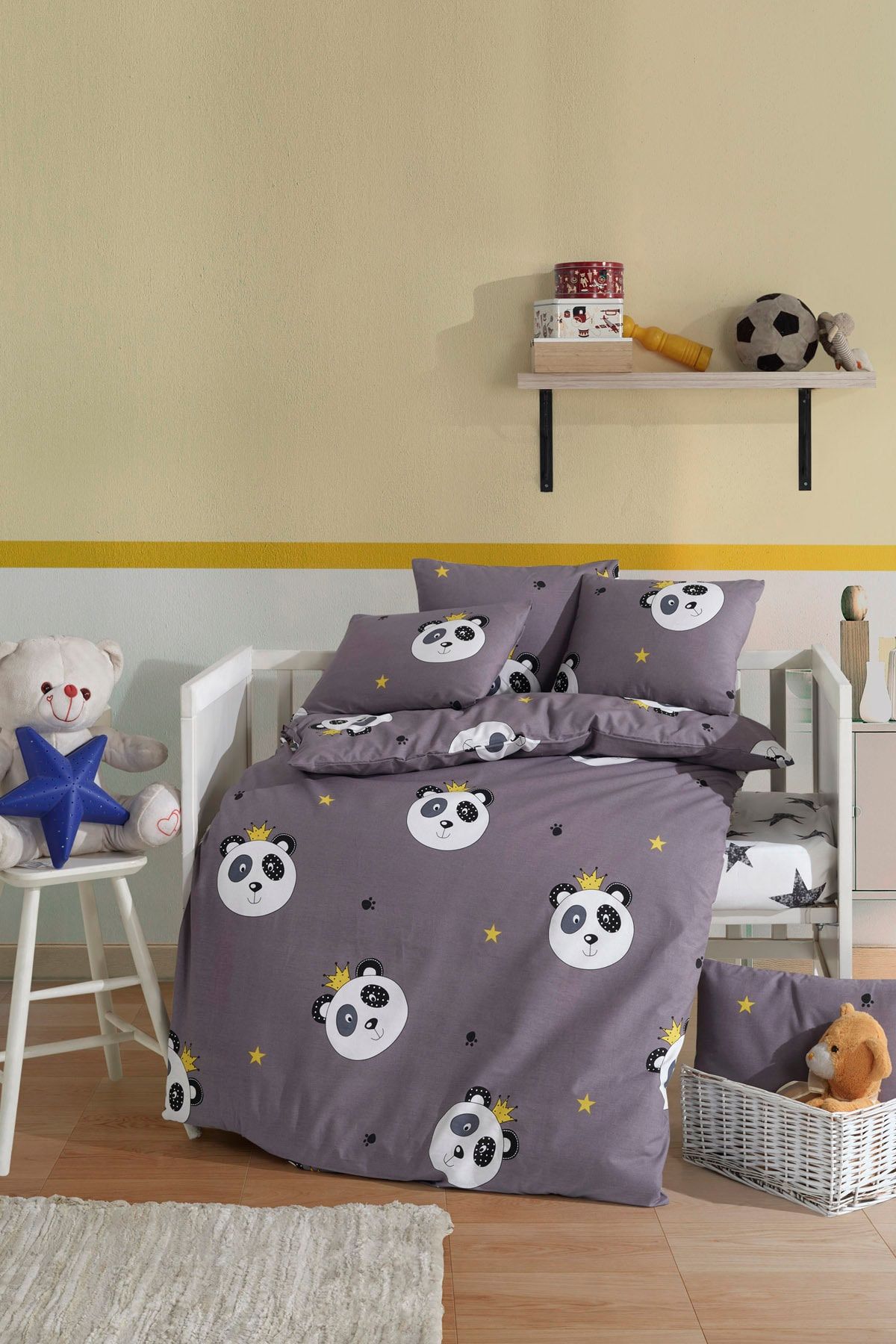 Enlora Home Enlora %100 Doğal Pamuk Bebek Nevresim Takımı Kral Panda Gri