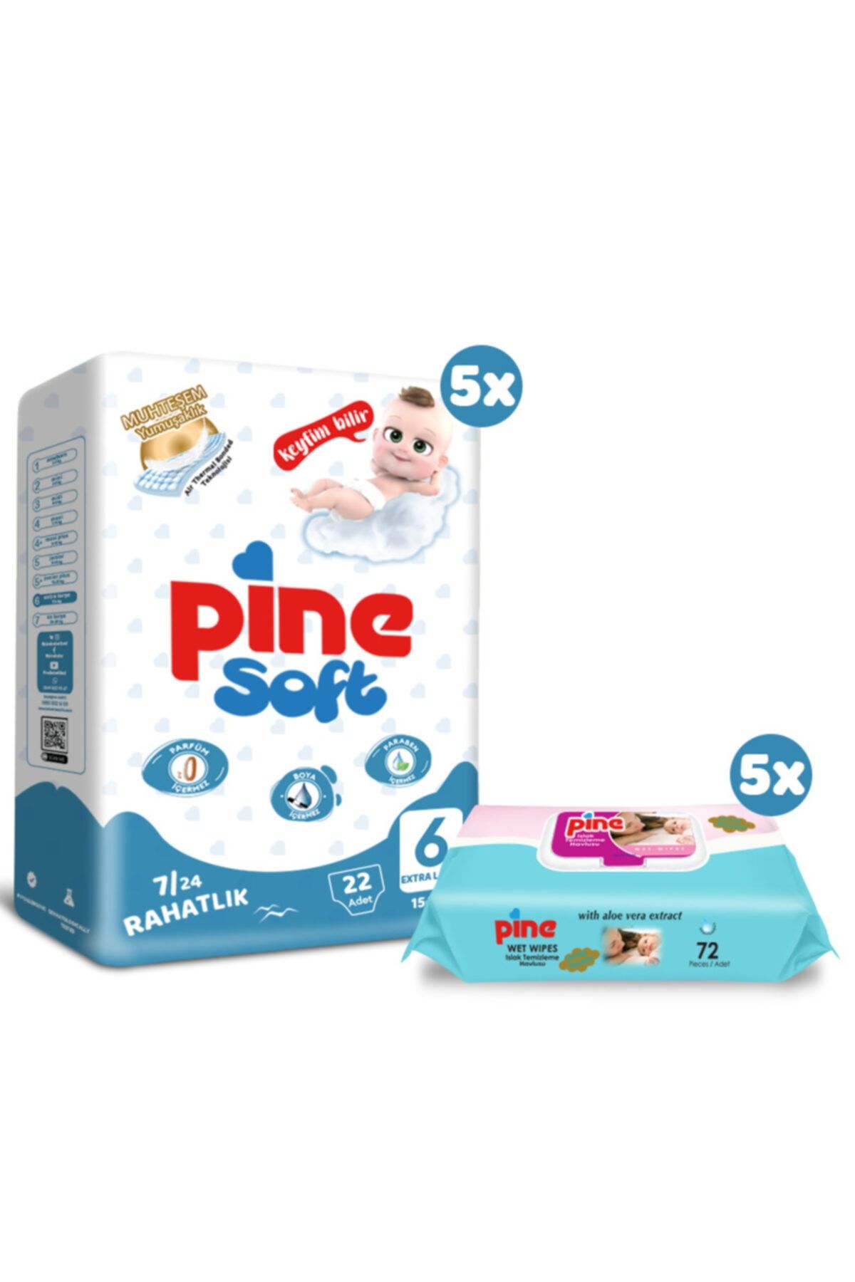 Pine X Large (15 KG) 110 Adet Bebek Bezi 5 Paket 72'li Islak Mendil