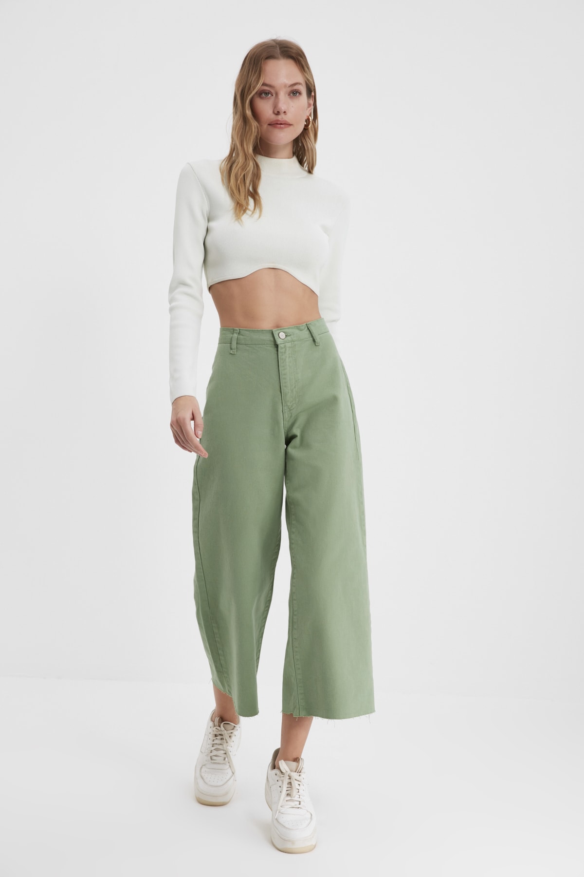 TRENDYOLMİLLA Haki %100 Organik Pamuk Yüksek Bel Culotte Jeans TWOAW22JE1085