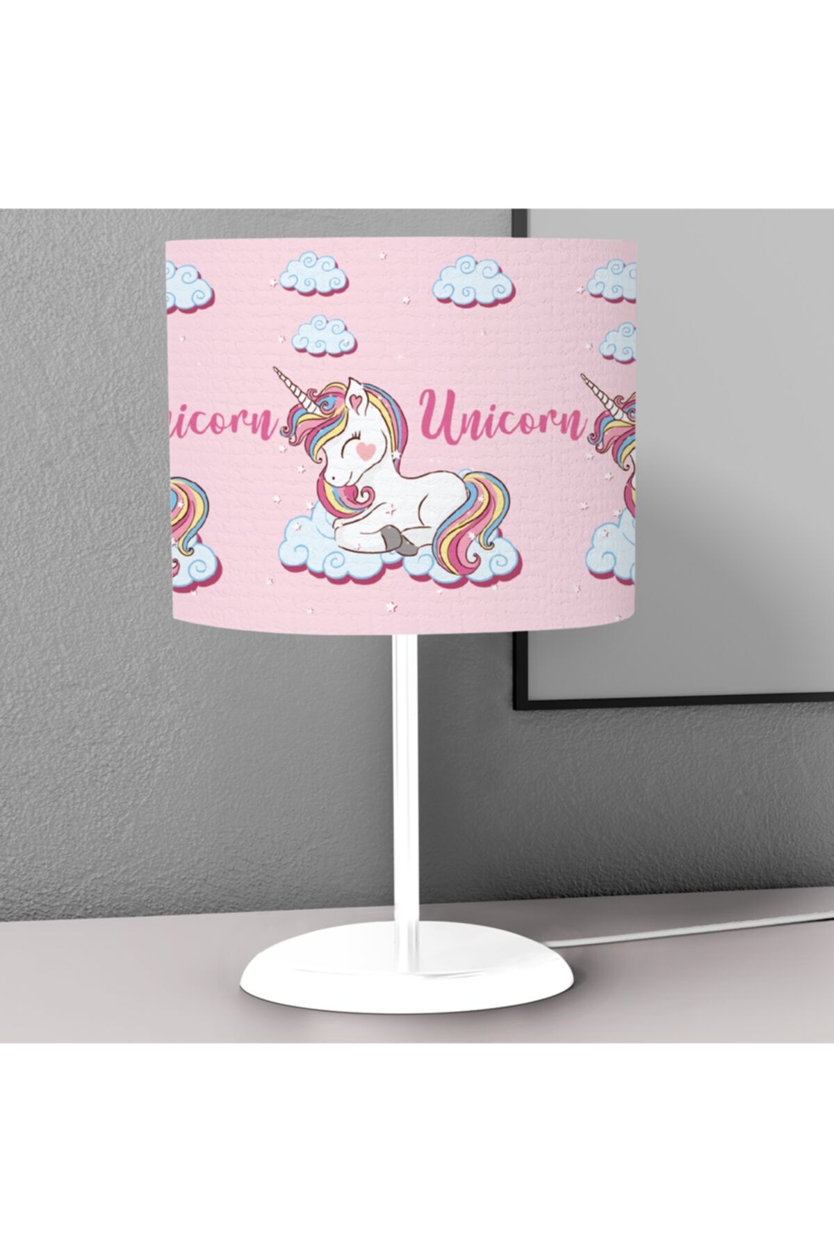 Tinybabyconcept Gökkuşağı Unicorn Pembe Desenli Çocuk Odası Dijital Baskılı Çocuk Odası Masaüstü Abajur Avize