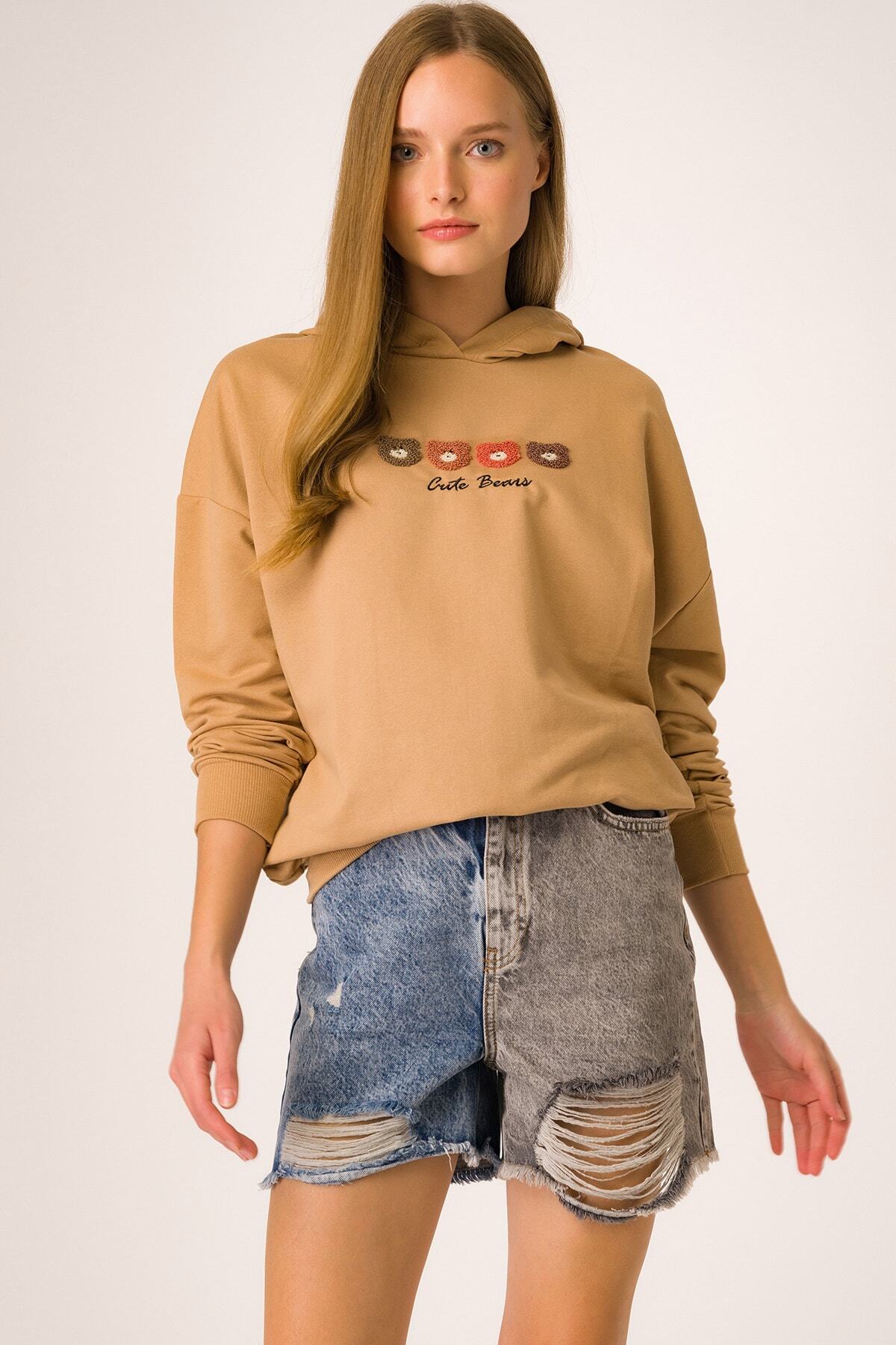 Runever Ayıcık Nakışlı Kadın Sweatshirt Kadın 9642