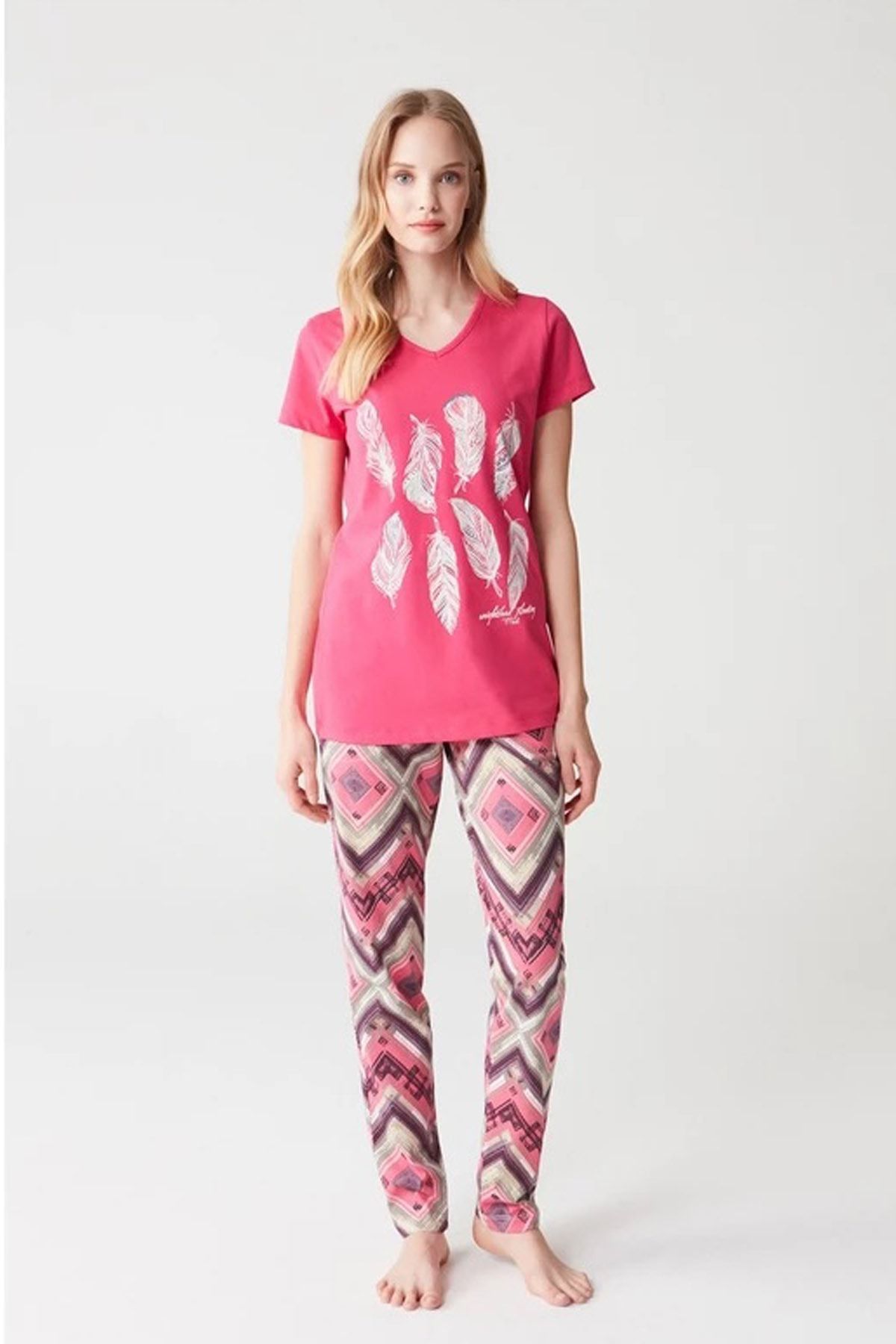 Mod Collection %100 Pamuklu Desenli Fuşya Kadın Kısa Kol Pijama Takım