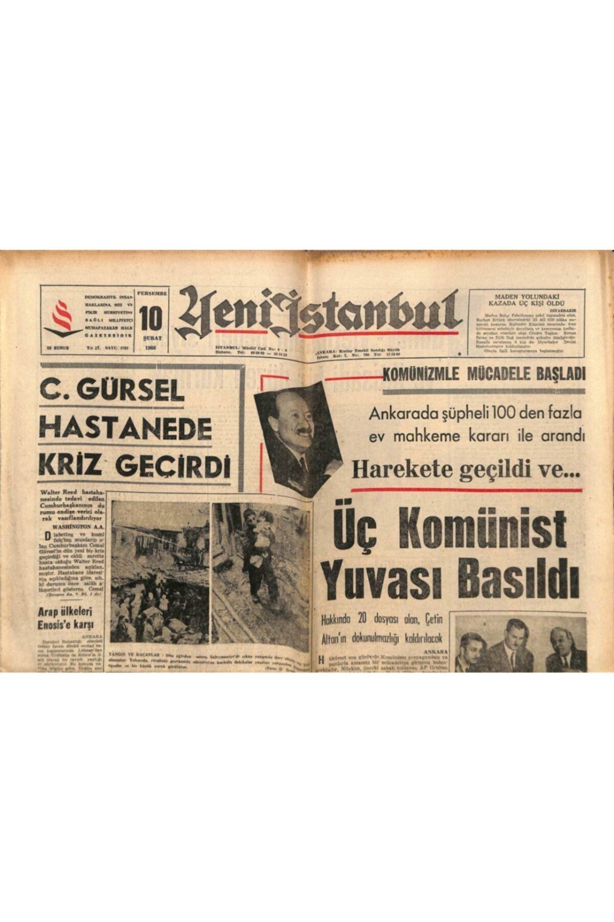 Gökçe Koleksiyon Yeni Istanbul Gazetesi 10 Şubat 1966 - Cemal Gürsel Hastanede Kriz Geçirdi, Kanuni Sultan Süleyman I