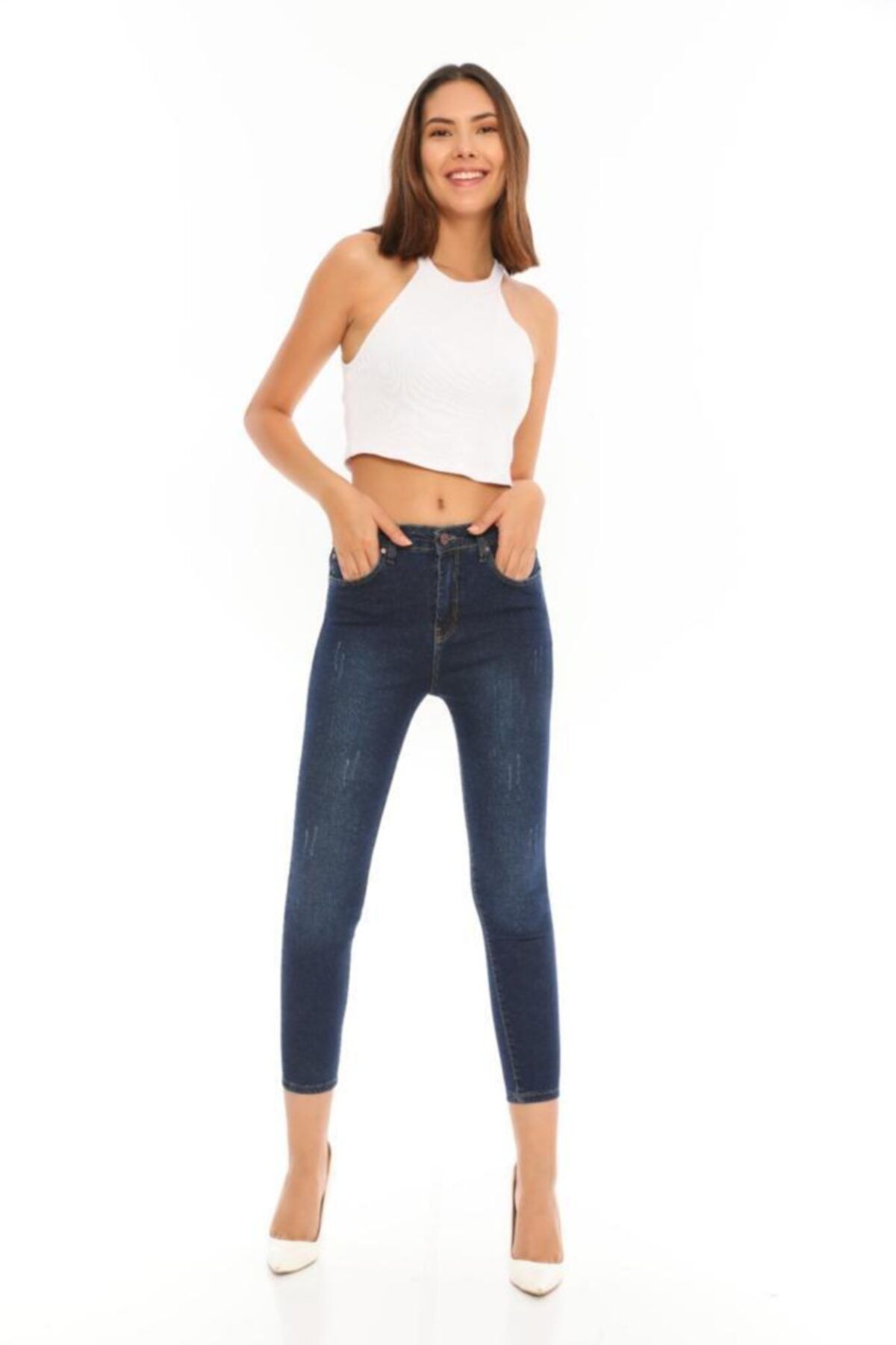 BİKELİFE Lacivert Tırnak Detaylı Yüksek Bel Likralı Denim Pantolon