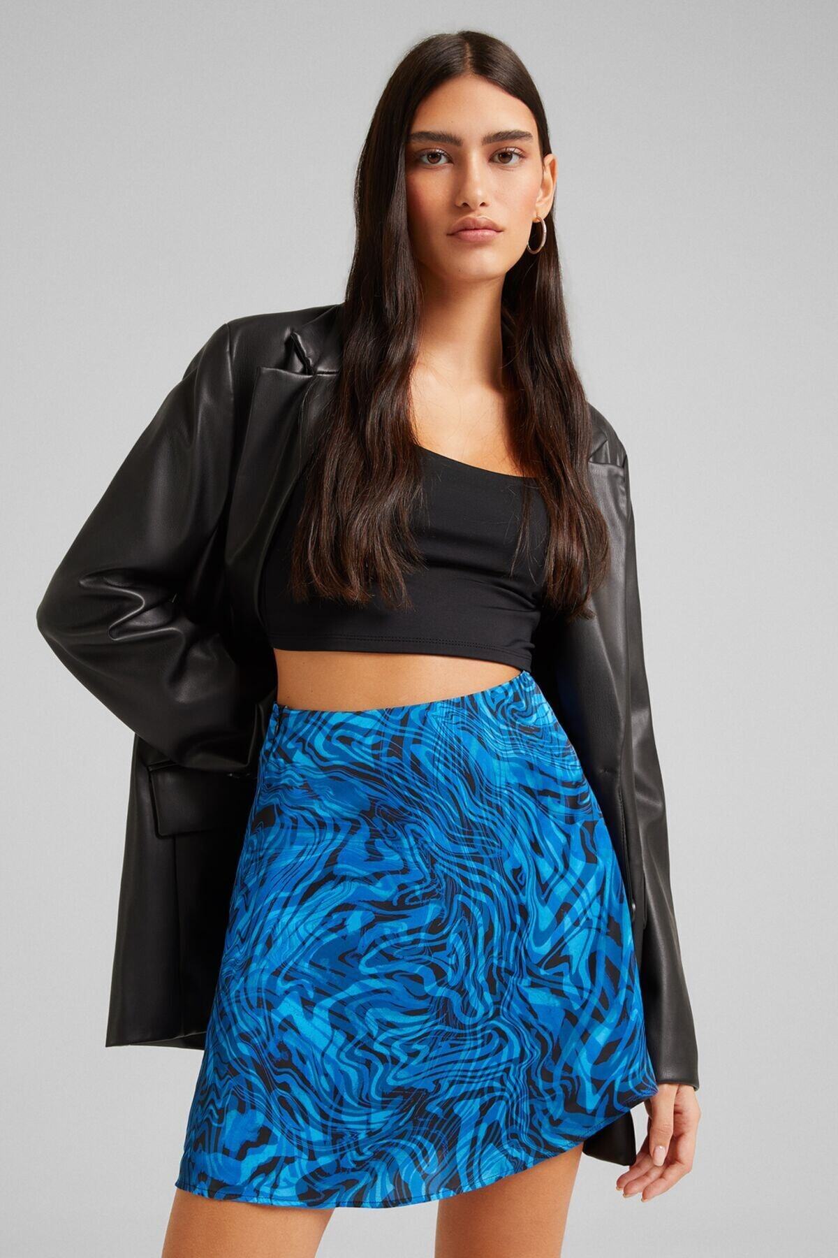 Bershka Desenli Saten Mini Etek