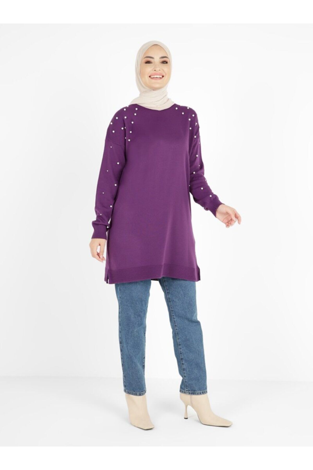 Tavin Bisiklet Yaka Color Blok 80cm Triko Tunik - Mor -