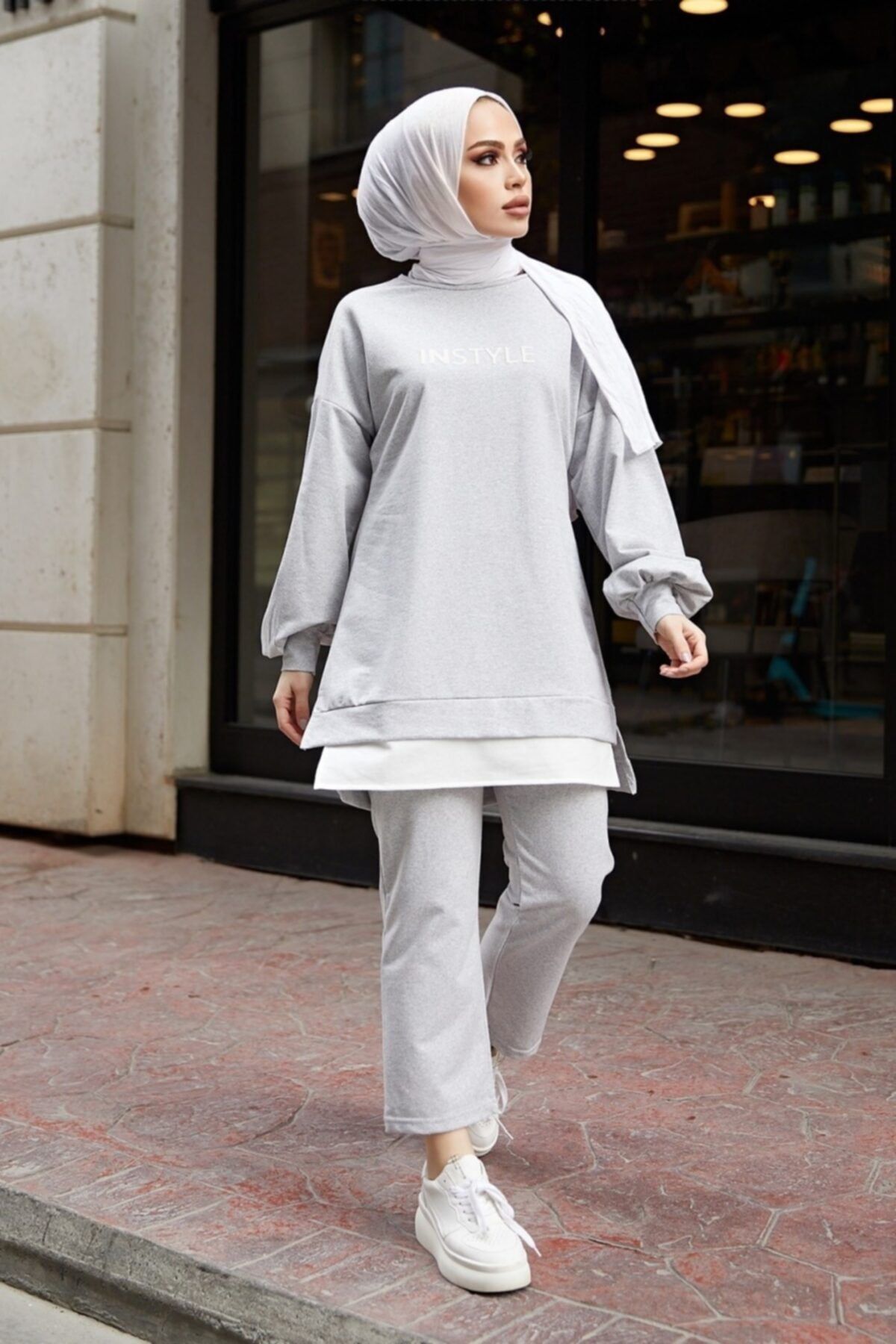 Bestenur Instyle Baskılı Balon Kol Tunik Pantolon Ikili Takım - Gri