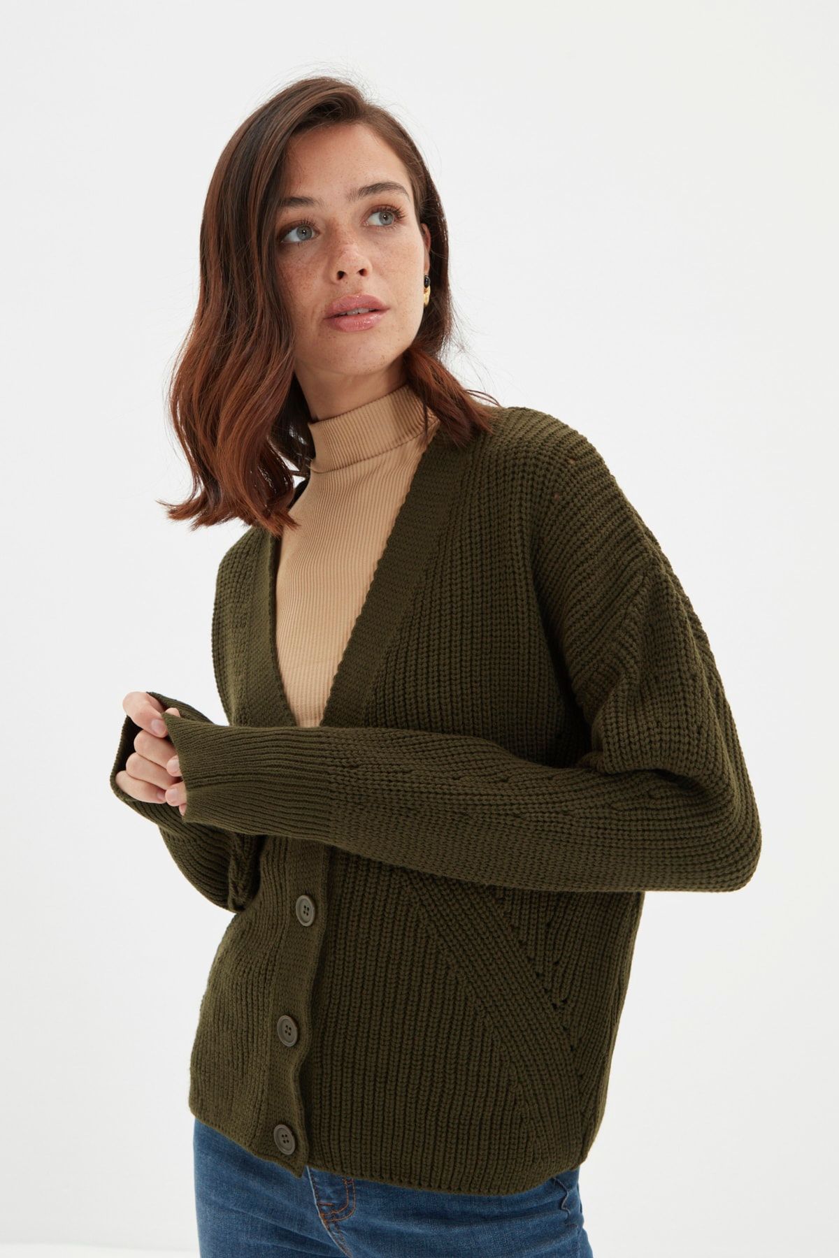 TRENDYOLMİLLA Haki Oversize Triko Hırka TWOAW22HI1461