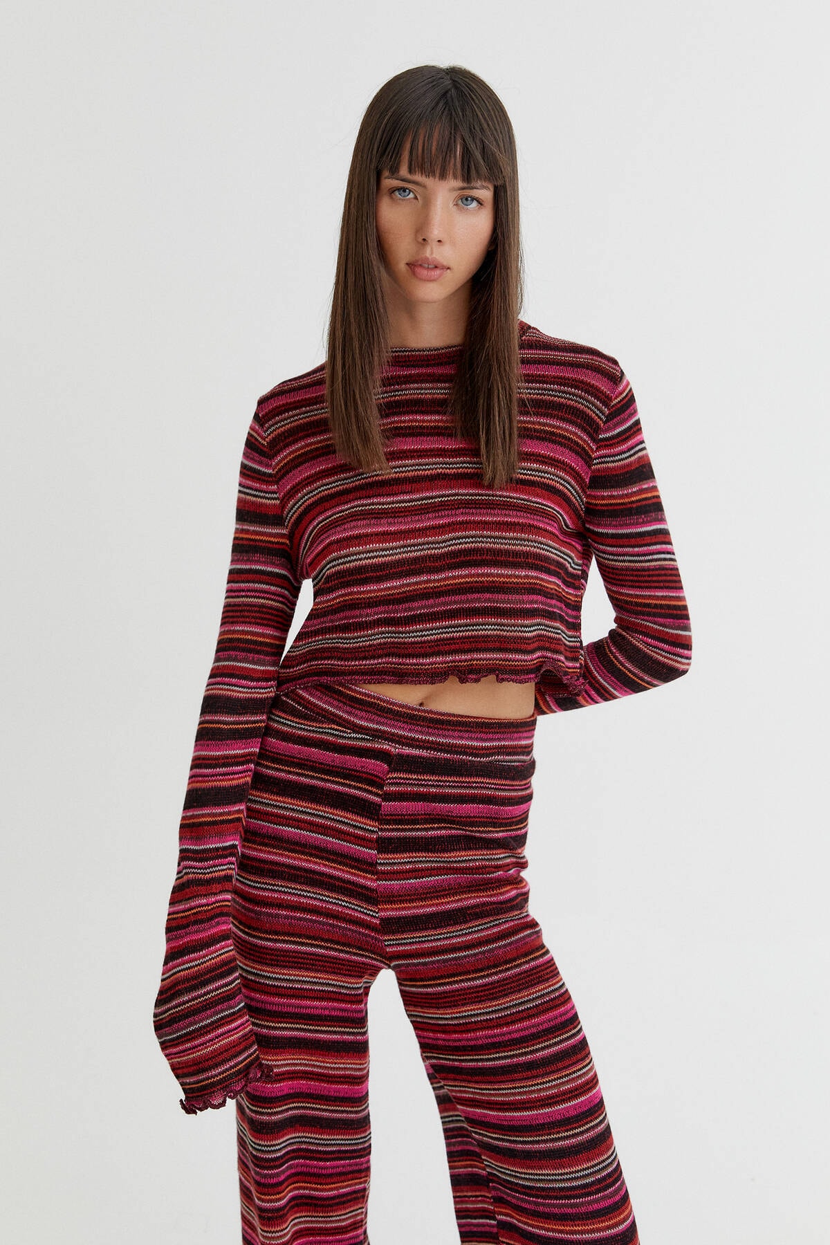 Pull & Bear Çizgili Bordo Triko Top