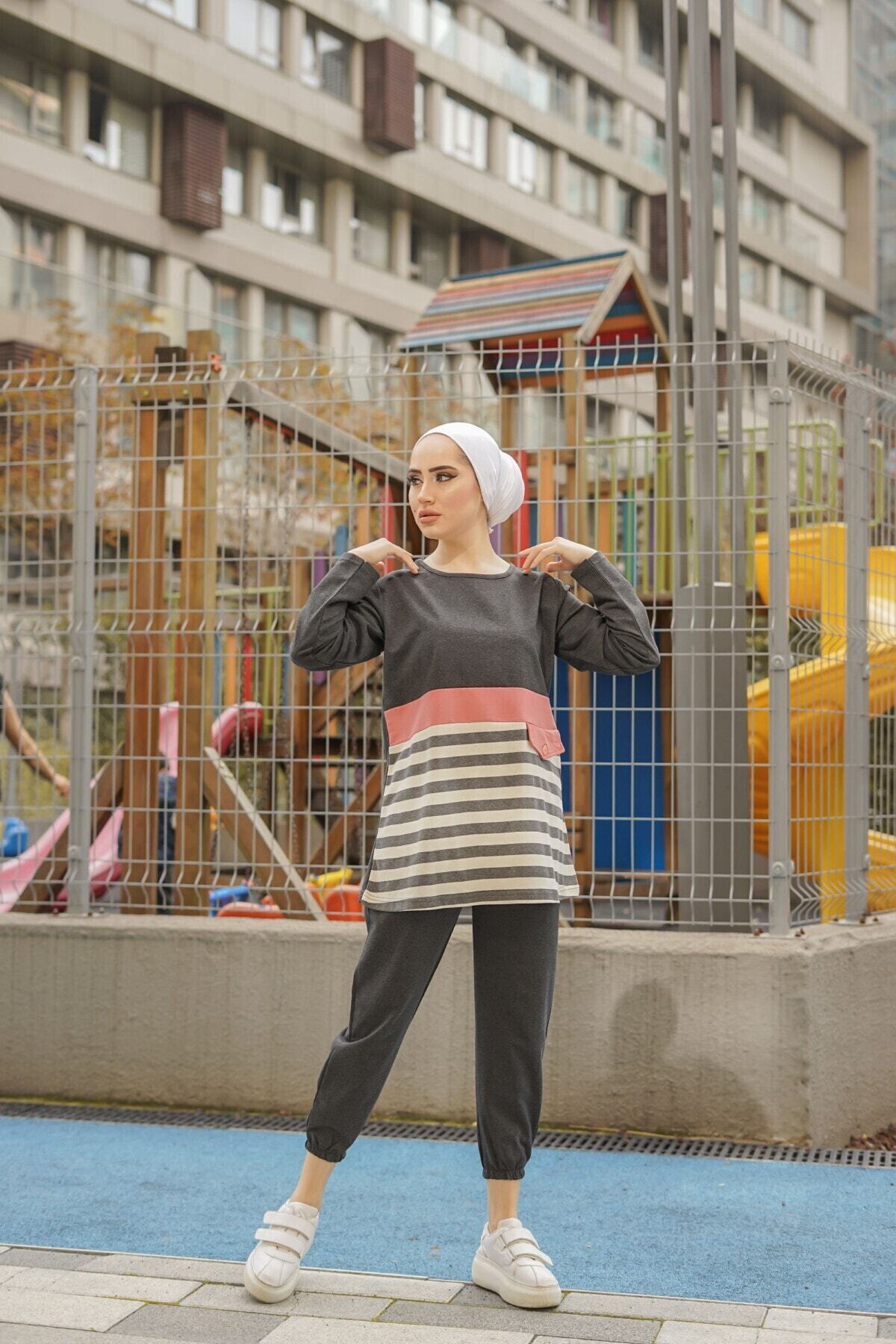 BURCU TESETTÜR Çizgili İkili Takımı Trn2070 Antrasit